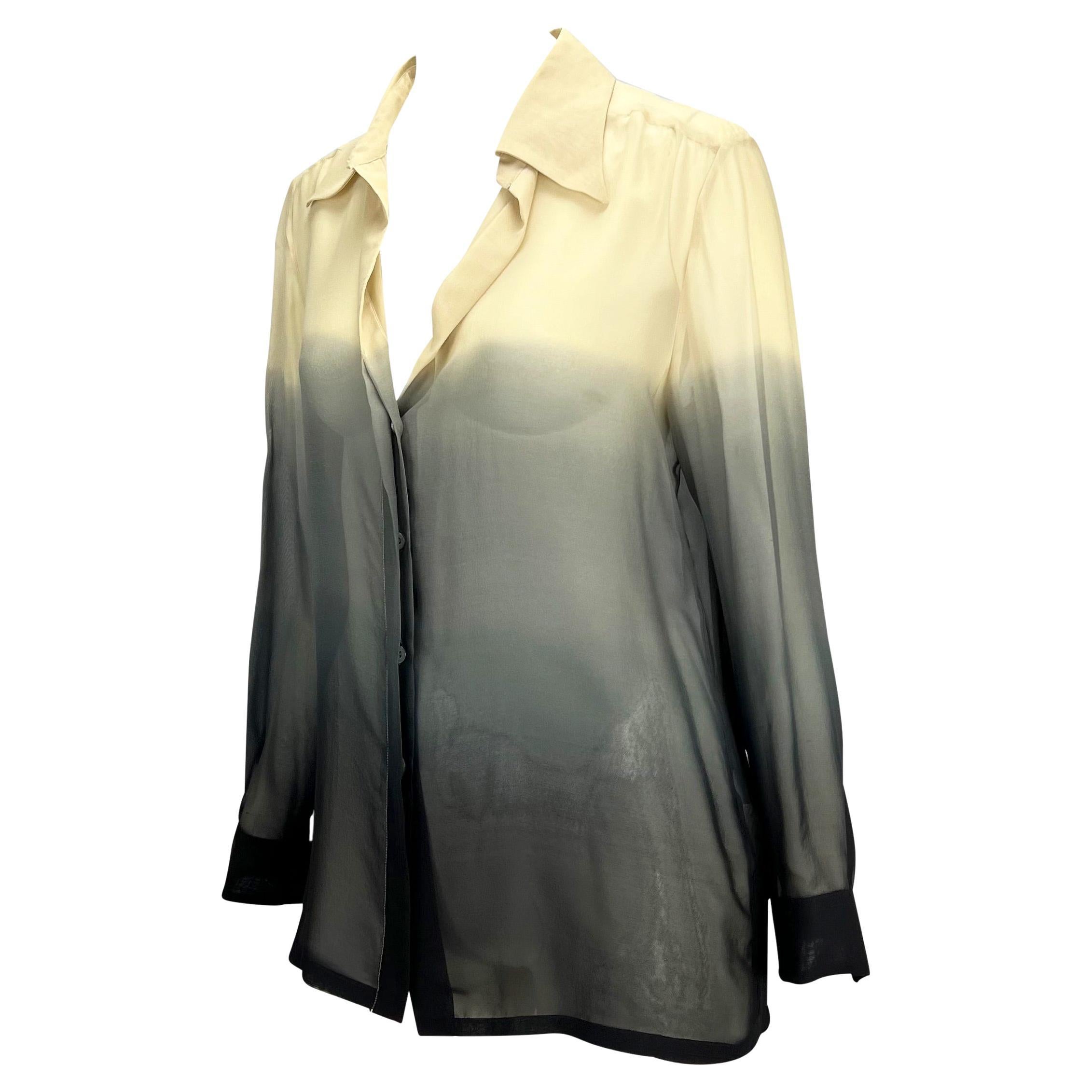Presenting a beautiful sheer ombré Gucci shirt, designed by Tom Ford for the Spring/Summer 1997 collection. The button closure stops about halfway up the front for a plunging neckline. Chic and sexy is what Tom Ford does best and this shirt is no