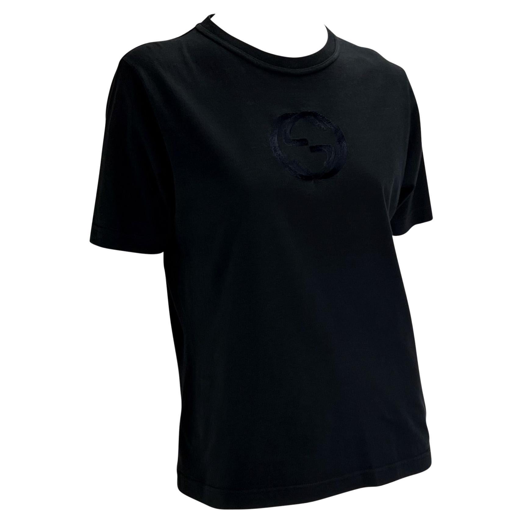 Women's or Men's S/S 1997 Gucci by Tom Ford Black 'GG' Logo Embroidered Cotton T-Shirt  For Sale