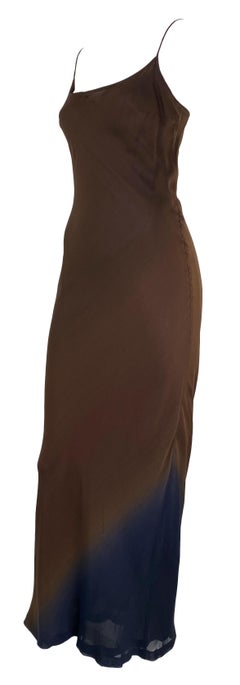 S/S 1997 Gucci by Tom Ford Brown Blue Sheer Silk Slip Gown Column Dress