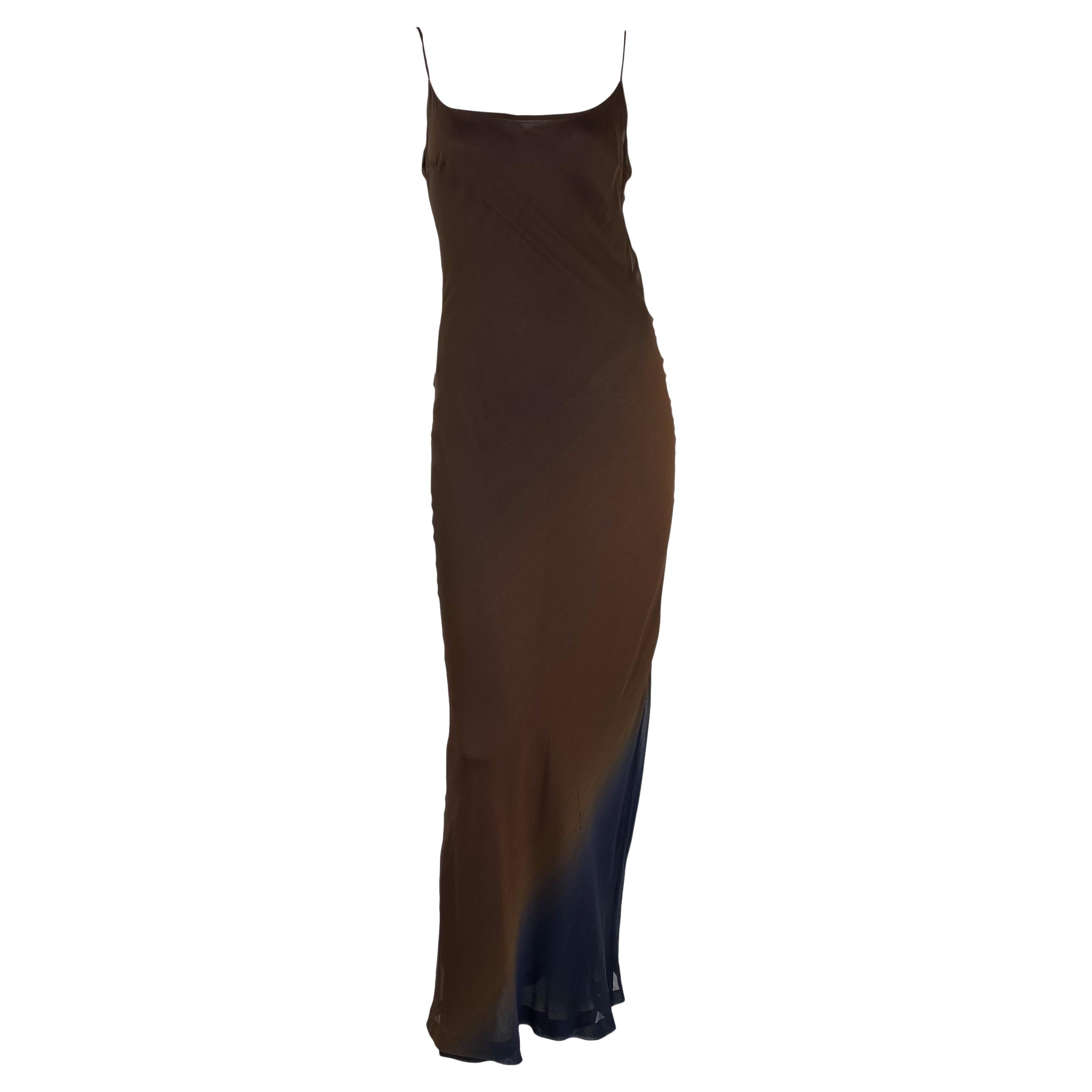 S/S 1997 Gucci by Tom Ford Brown Blue Sheer Silk Slip Gown Column Dress For Sale