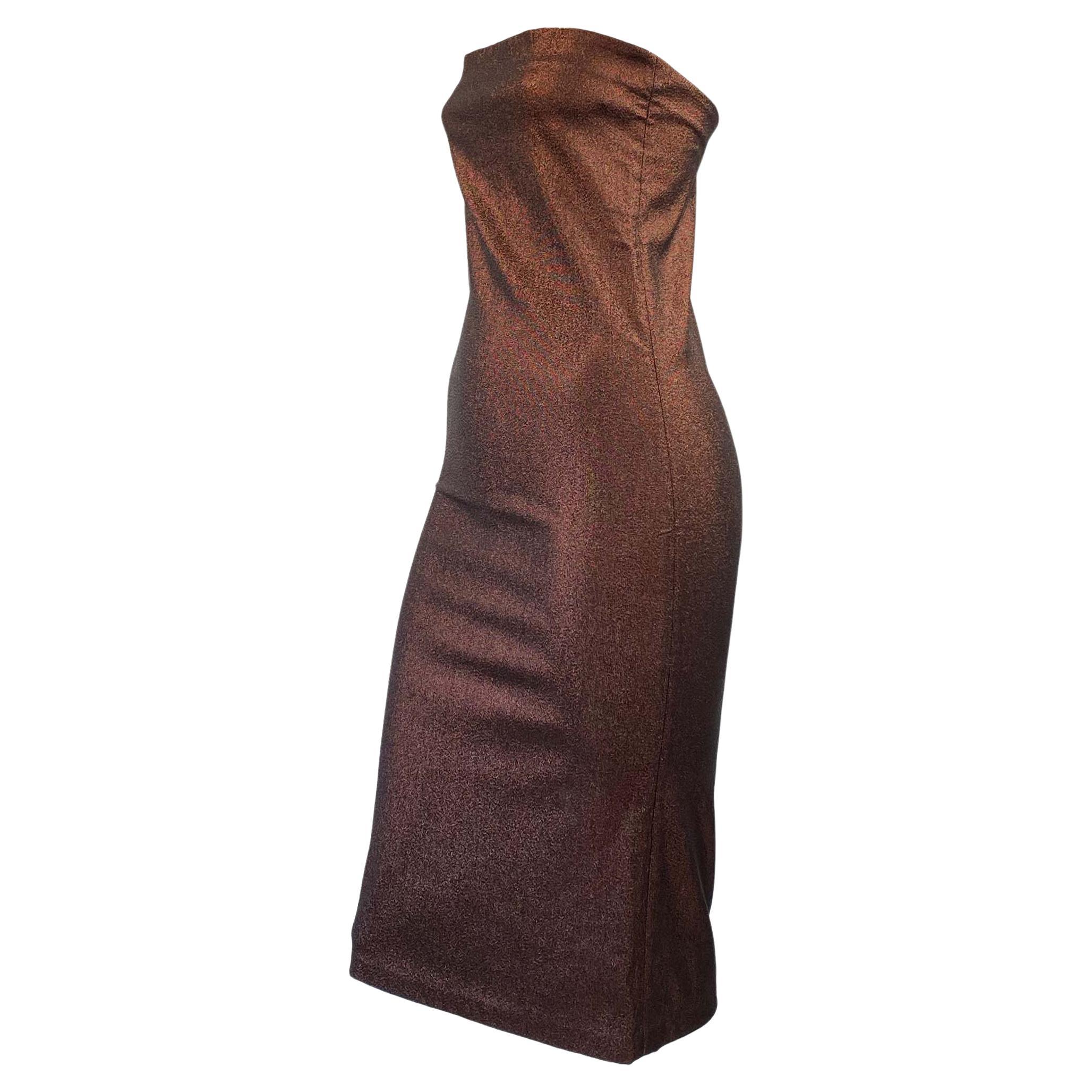 S/S 1997 Gucci by Tom Ford Brown Lurex Metallic Stretch Strapless Tube Dress For Sale