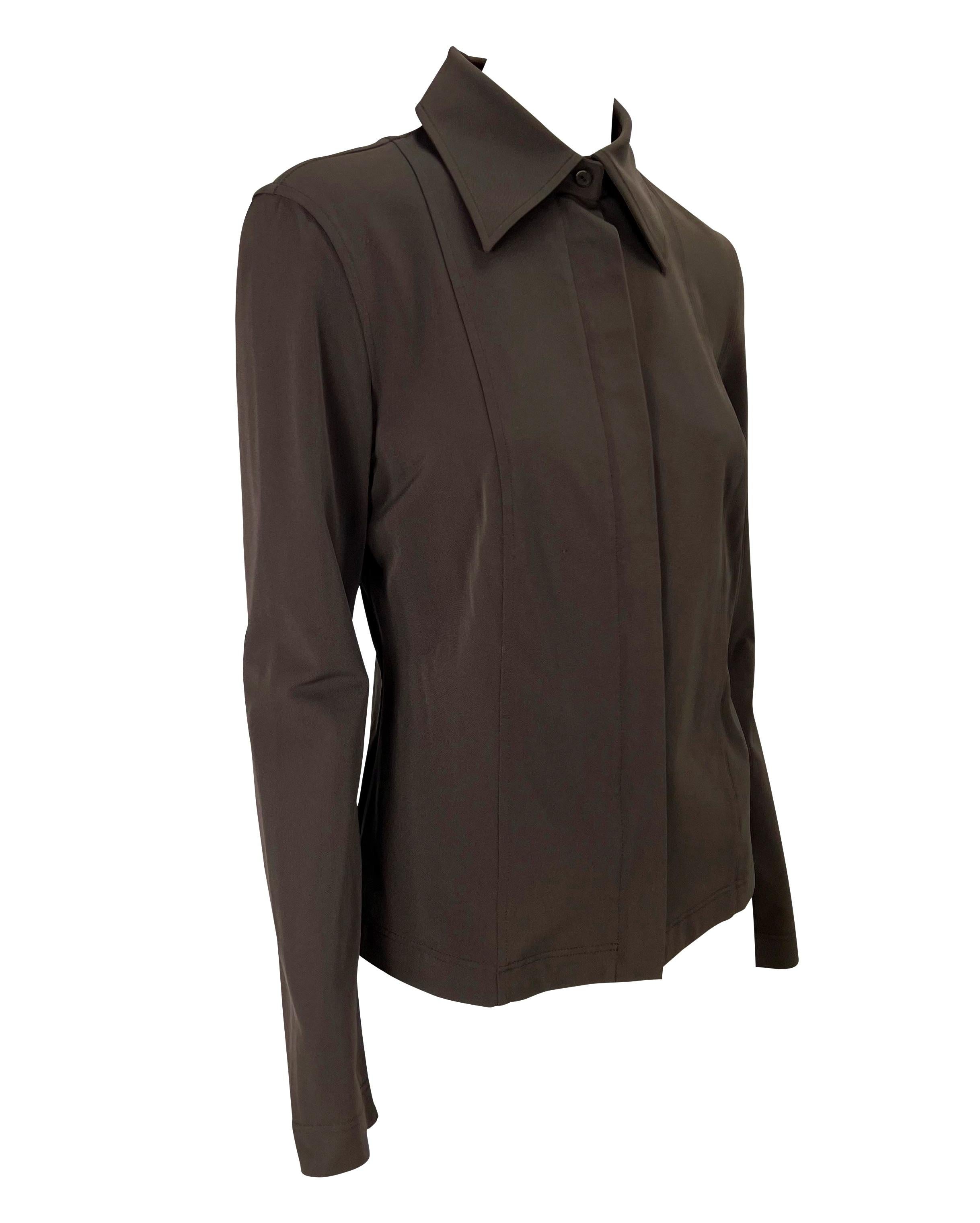 Women's S/S 1997 Gucci by Tom Ford Brown Stretch Panel Zip-Up Collared Blouse For Sale