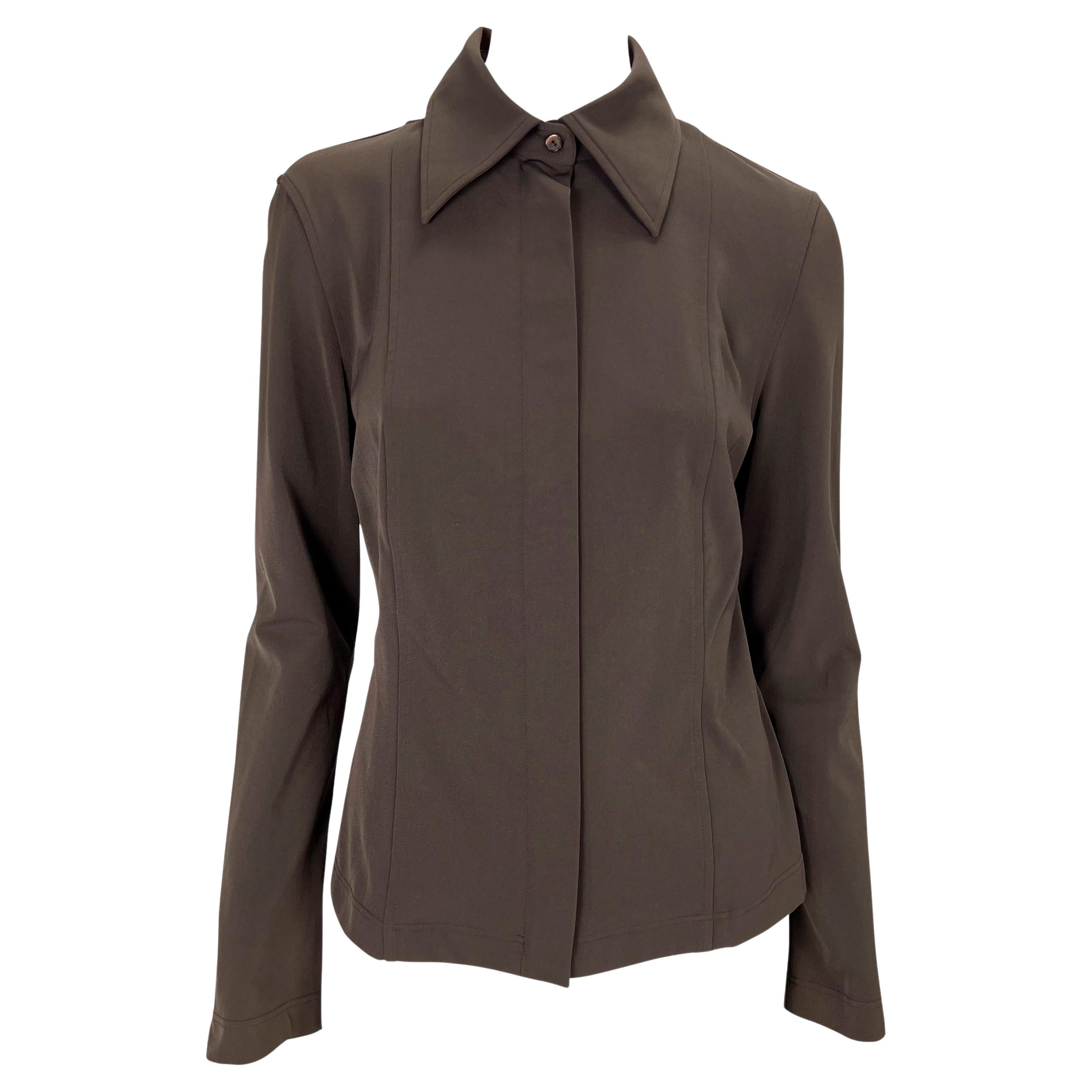 S/S 1997 Gucci by Tom Ford Brown Stretch Panel Zip-Up Collared Blouse For Sale