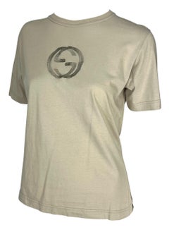 S/S 1997 Gucci by Tom Ford GG Logo Embroidered Taupe Stretch T-Shirt