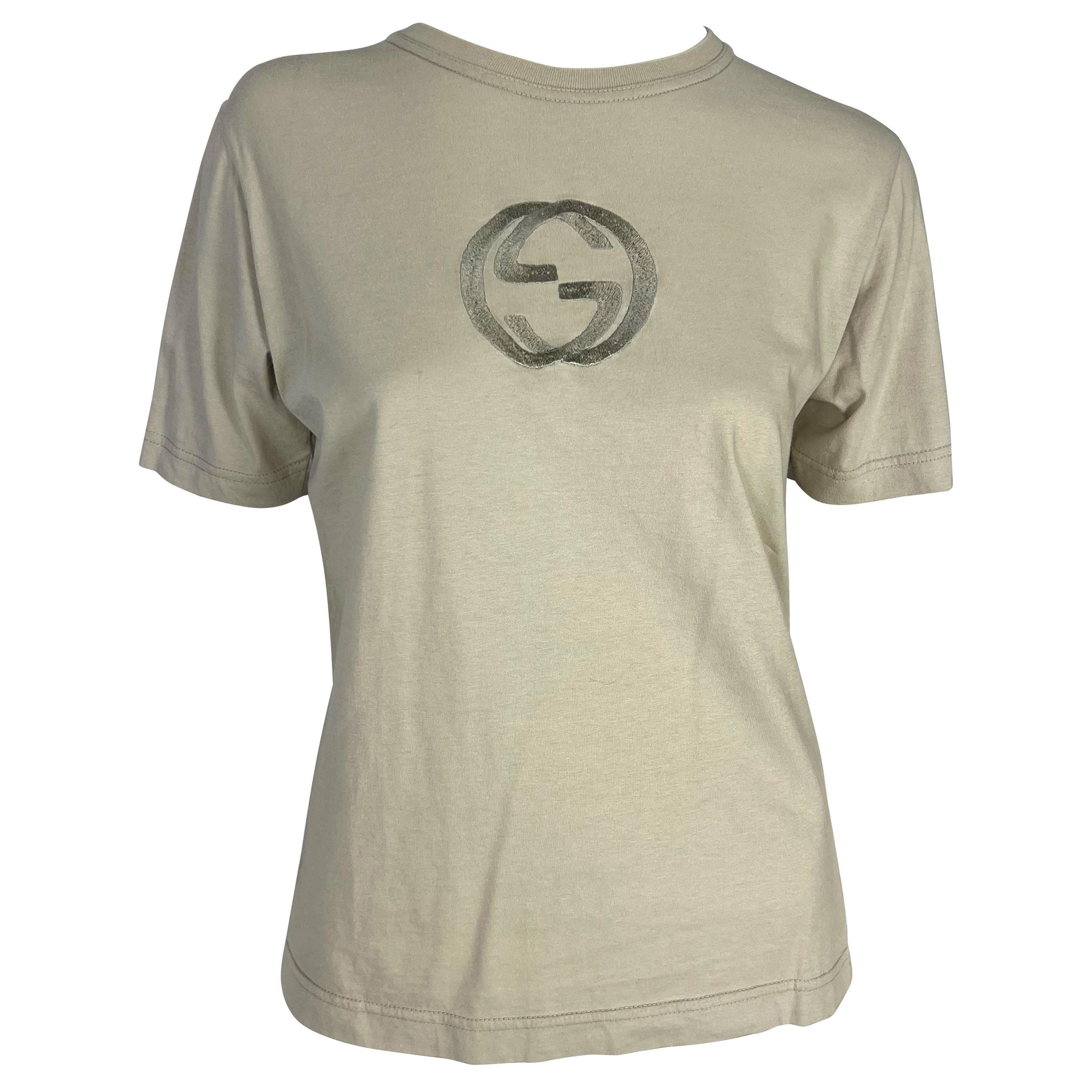 Maglietta elasticizzata Taupe ricamata con logo GG di Gucci by Tom Ford per la P/E 1997