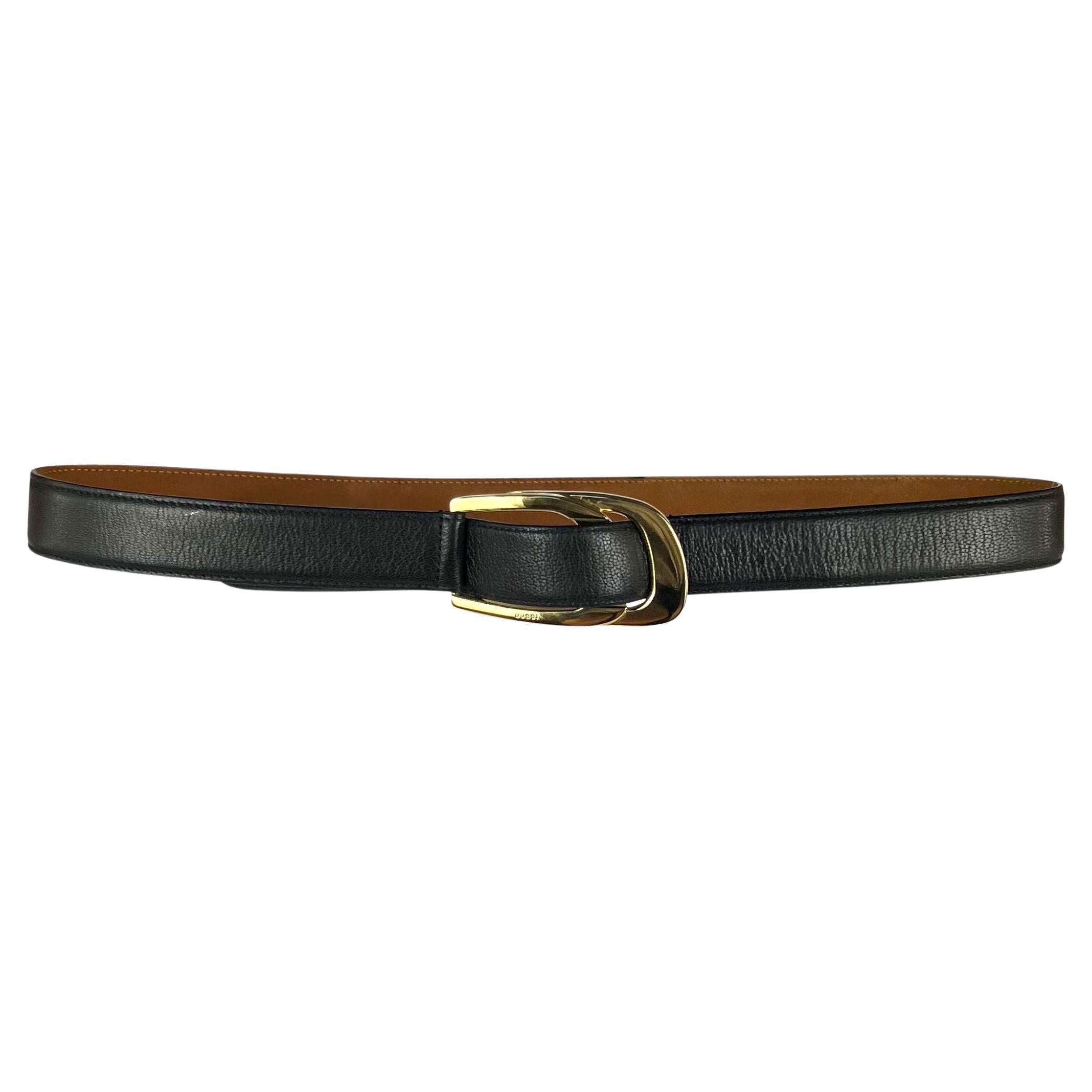 S/S 1997 Gucci by Tom Ford Men's Gold Logo Double Buckle Black Leather Belt