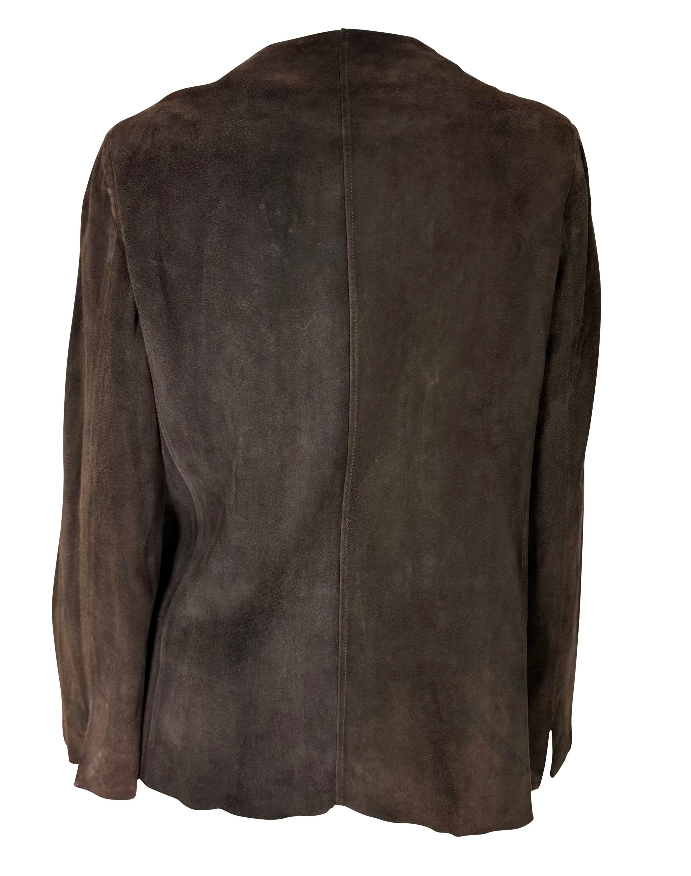 S/S 1997 Gucci by Tom Ford Naomi Runway Brown Suede Open Blouse Jacket For Sale 1