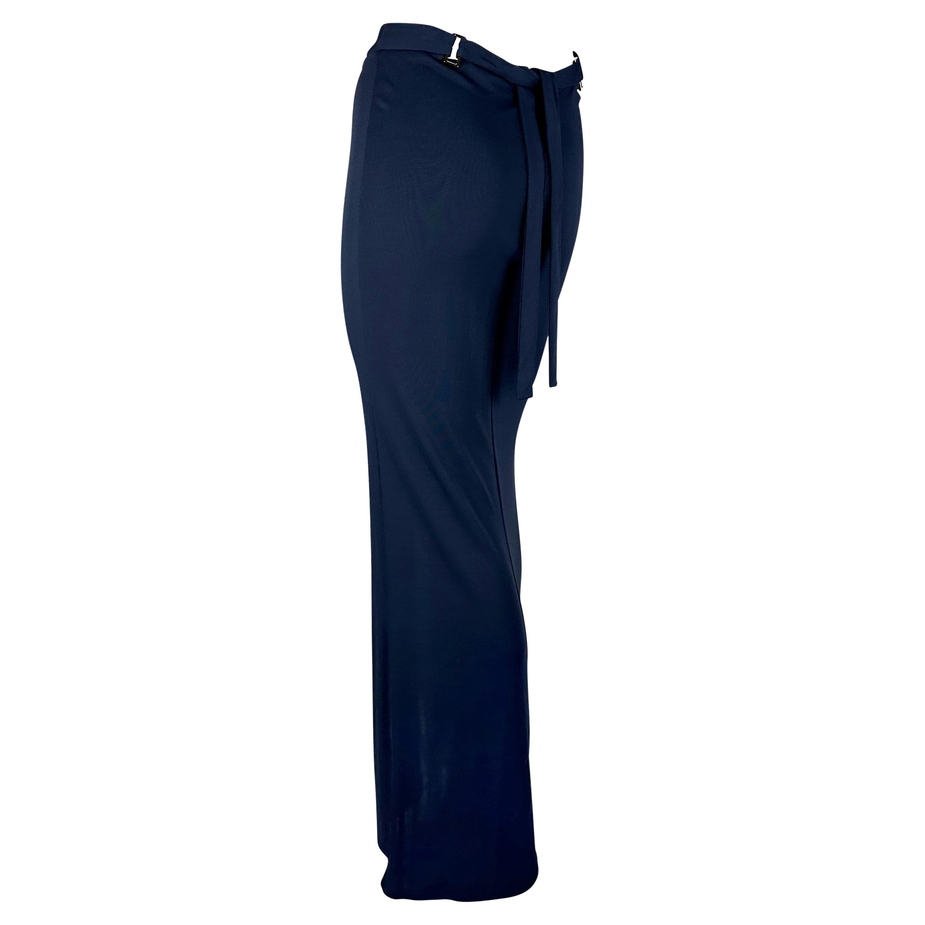 Presenting an incredible navy Gucci maxi skirt, designed by Tom Ford. From the Spring/Summer 1997, this rare sample skirt never made it to being mass produced. The skirt features a slit in the front and is made complete with a tie and gold-tone