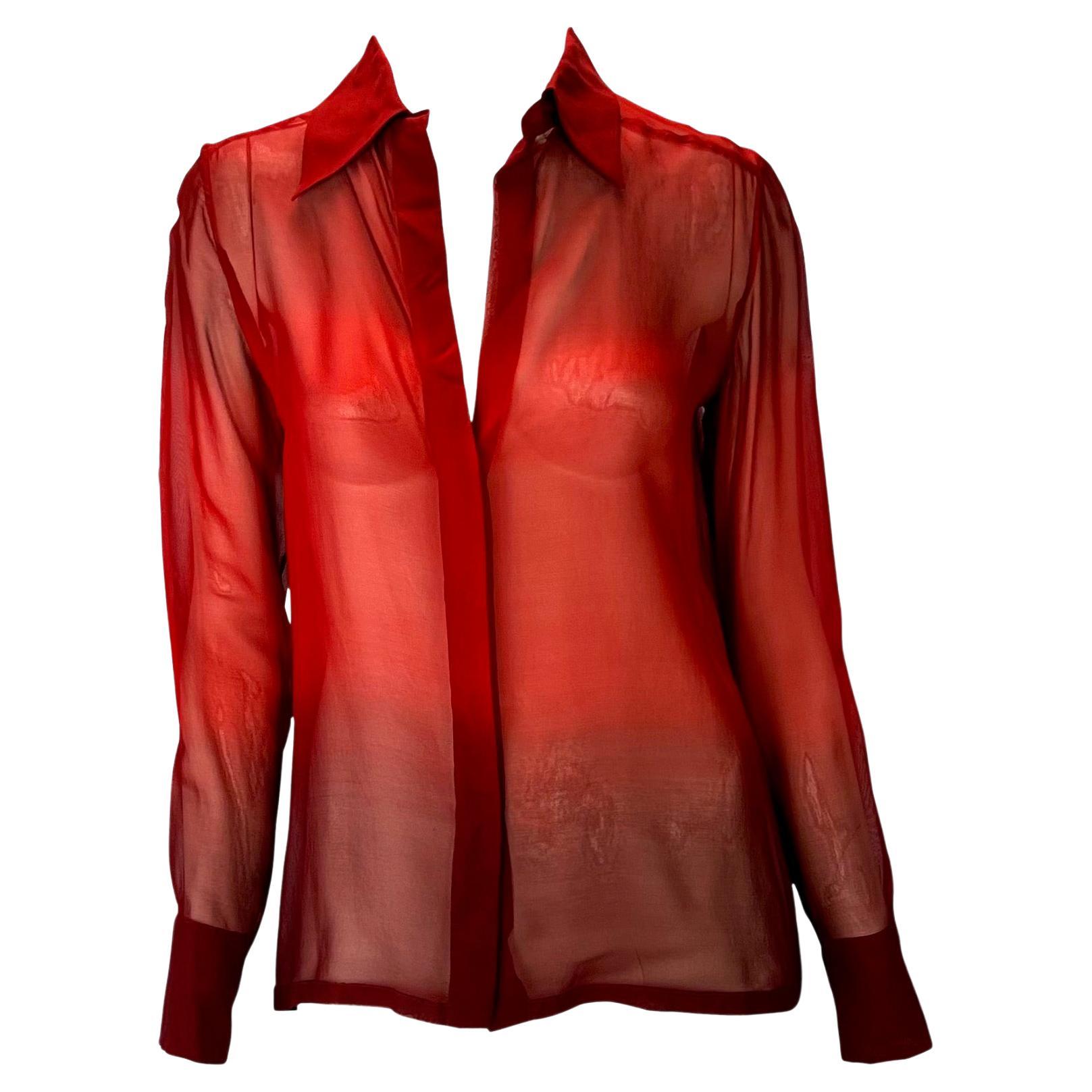 S/S 1997 Gucci by Tom Ford Red Ombré Sheer Silk Oversized Tunic Top For Sale