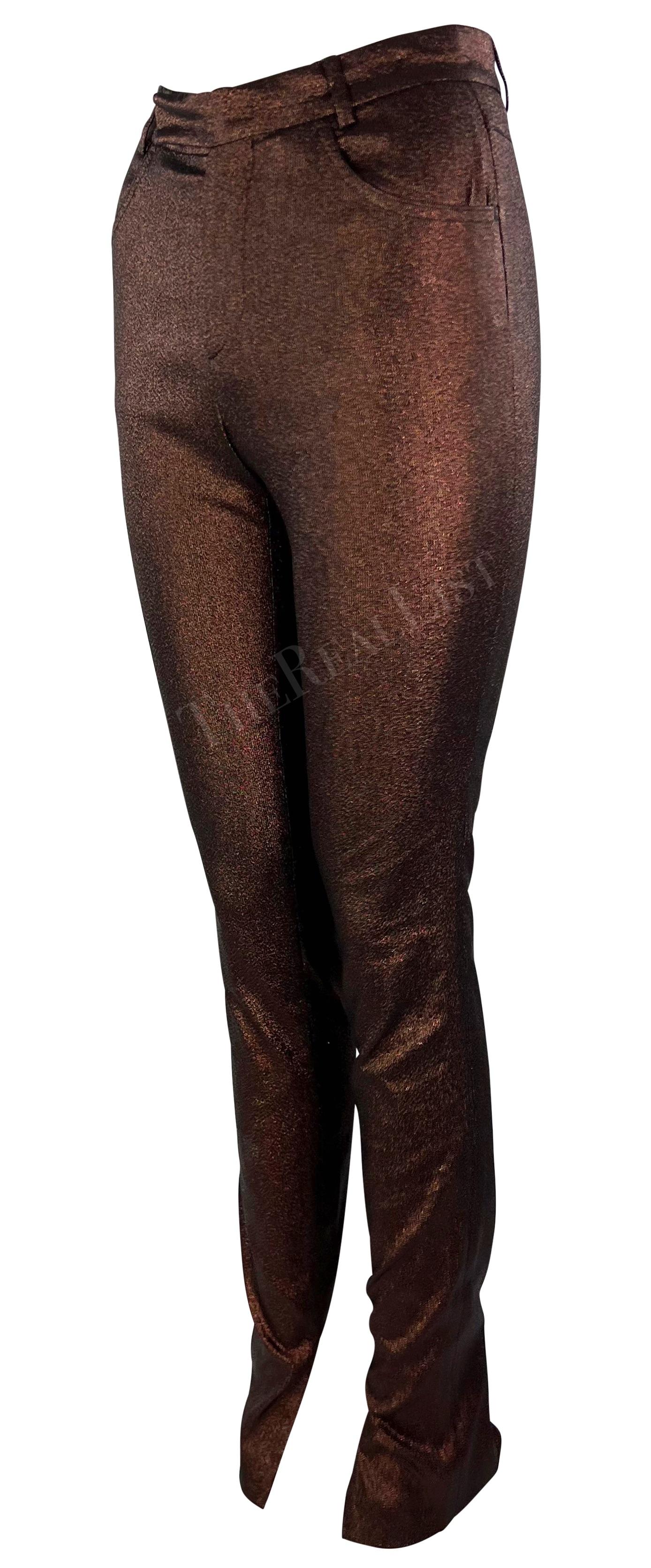 S/S 1997 Gucci by Tom Ford Runway Ad Copper Metallic Skinny Lurex Stretch Pants For Sale 2