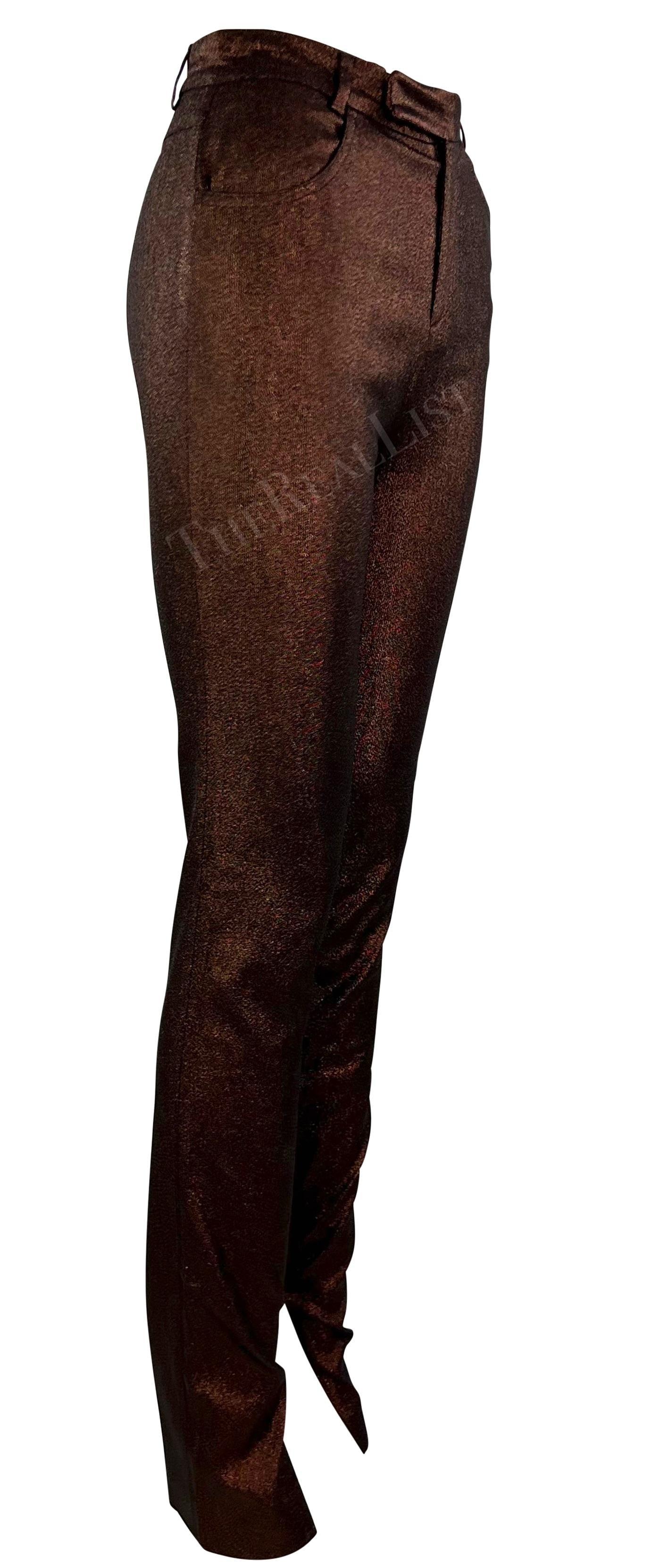 Pantalon extensible cuivré métallisé skinny en lurex Gucci by Tom Ford Runway Ad S/S 1997 en vente 2
