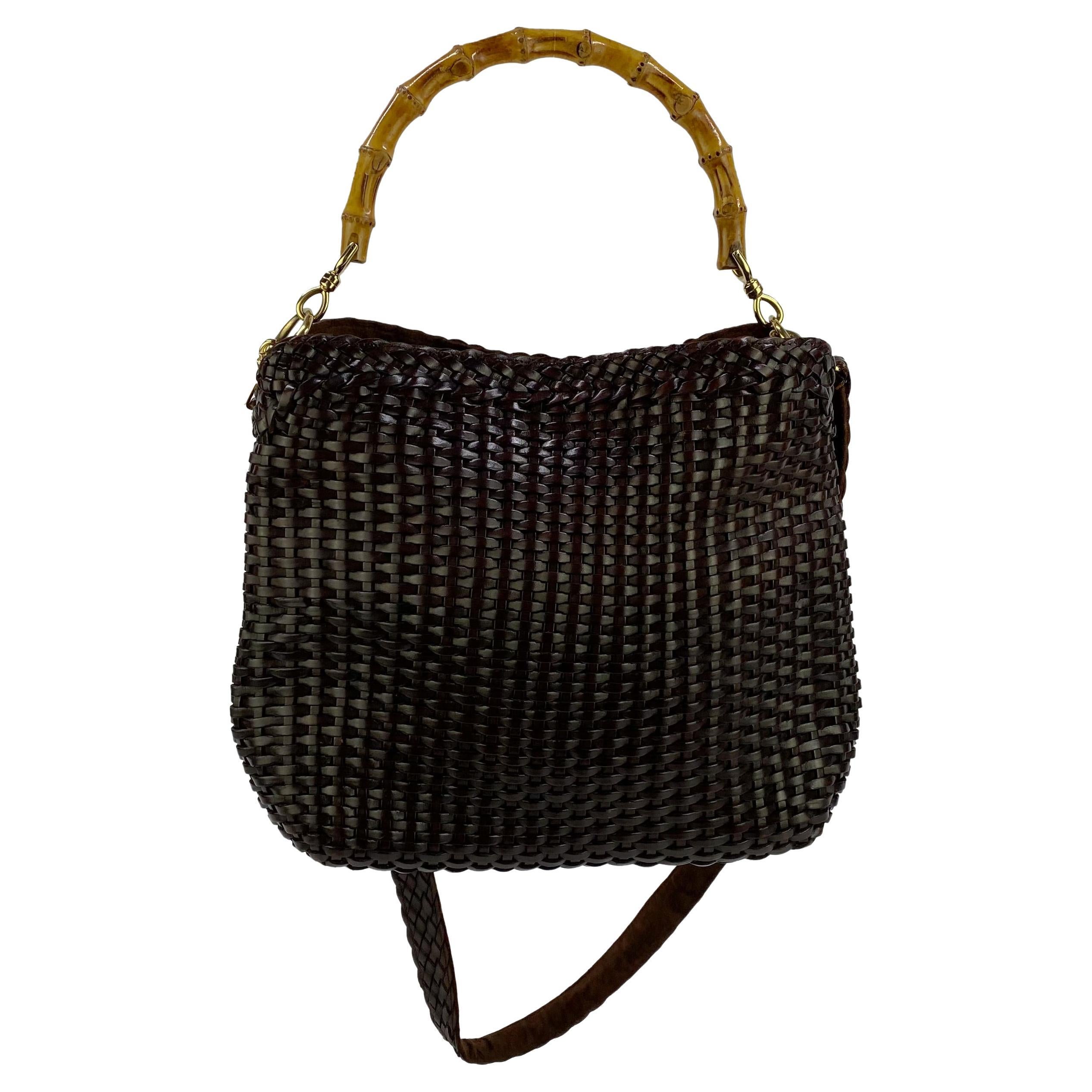 S/S 1997 Gucci by Tom Ford Woven Brown Leather Hobo Bamboo Bag with Strap 
