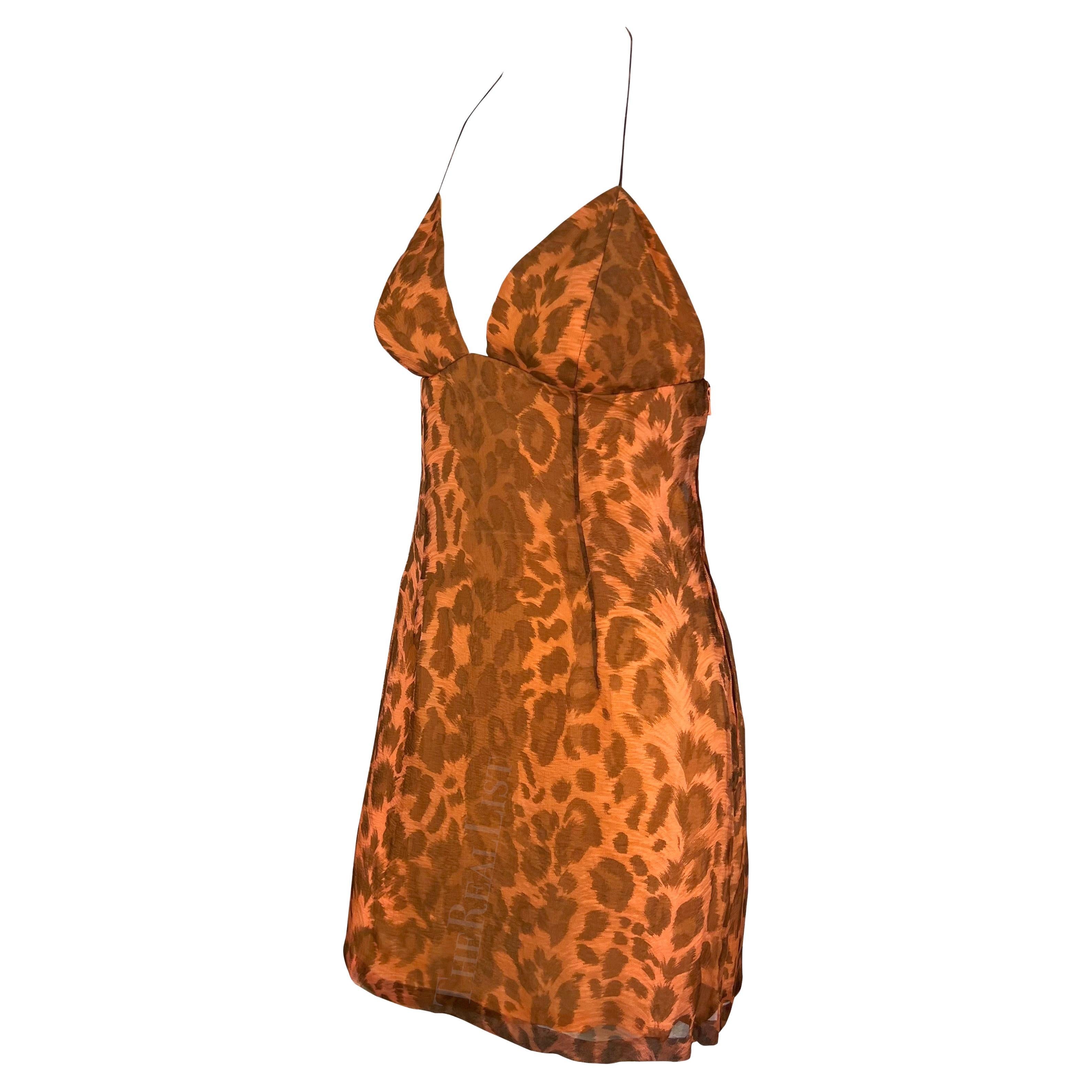 S/S 1997 Jacques Fath Runway Orange Cheetah Print Halterneck Mini Dress In Excellent Condition For Sale In West Hollywood, CA