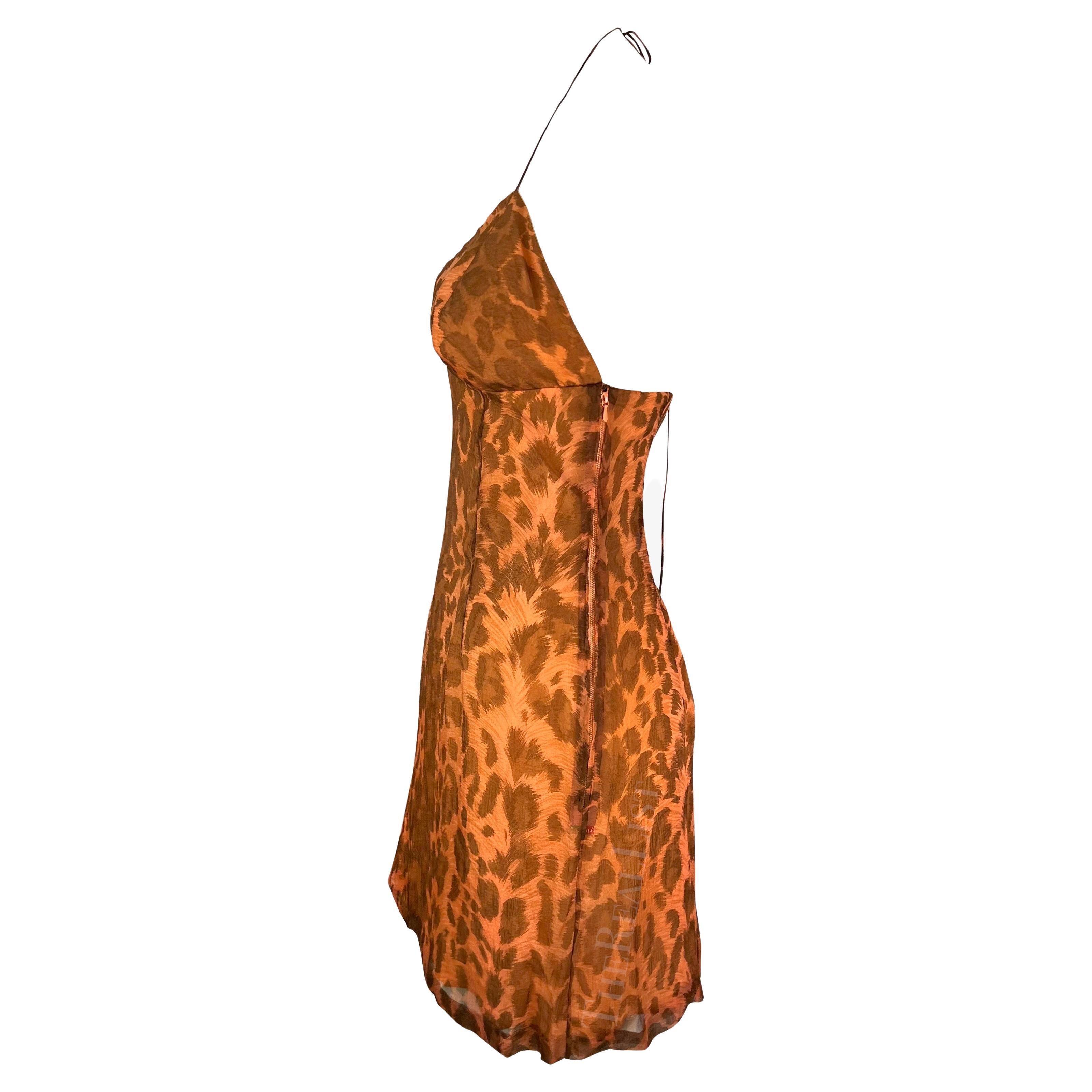 Women's S/S 1997 Jacques Fath Runway Orange Cheetah Print Halterneck Mini Dress For Sale