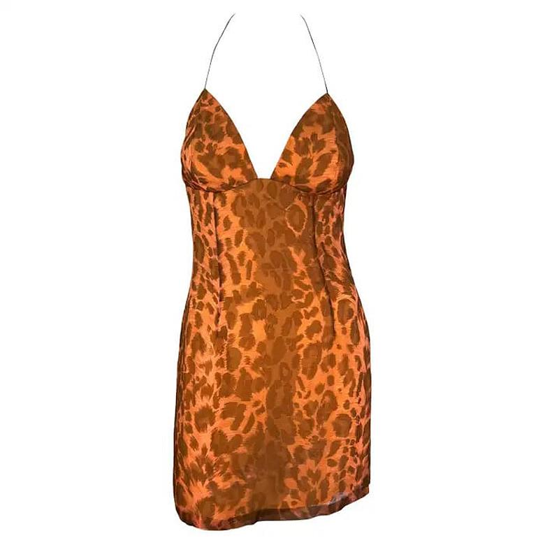 S/S 1997 Pasarela Jacques Fath Mini vestido naranja con estampado de leopardo y cuello redondo