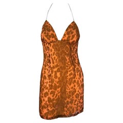 Jacques Fath, mini-robe de défilé à col bénitier imprimé léopard orange, P/E 1997