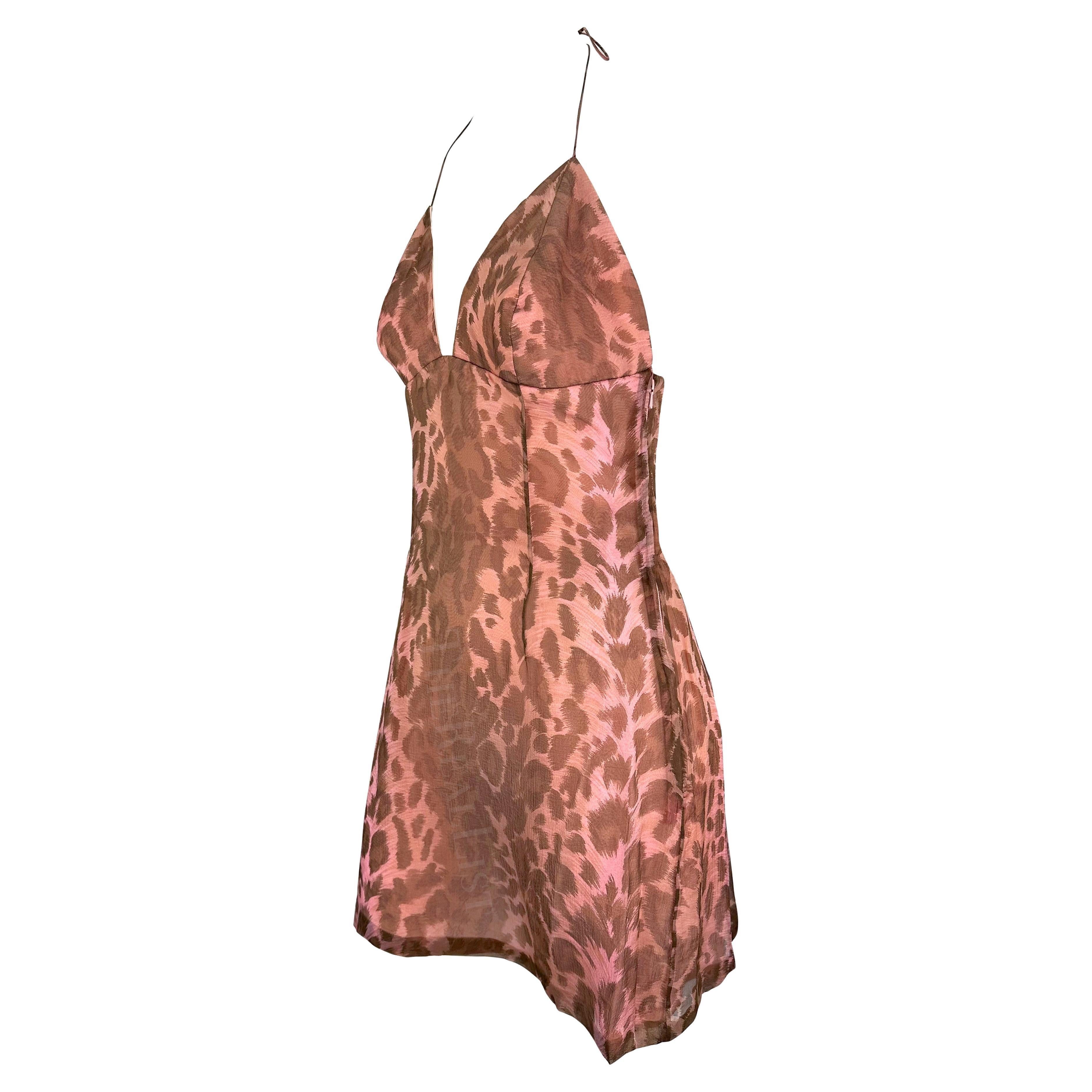 Marron S/S 1997 Jacques Fath Runway Mini robe dos nu rose imprimé léopard en vente