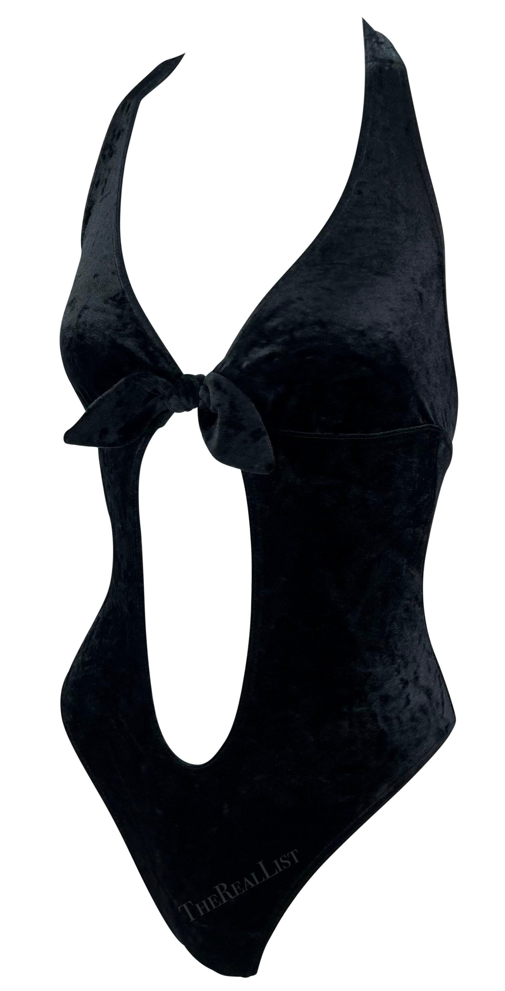 Paco Rabanne Runway S/S 1997 - Body à décolleté plongeant en velours avec cravate sur le devant en vente 1