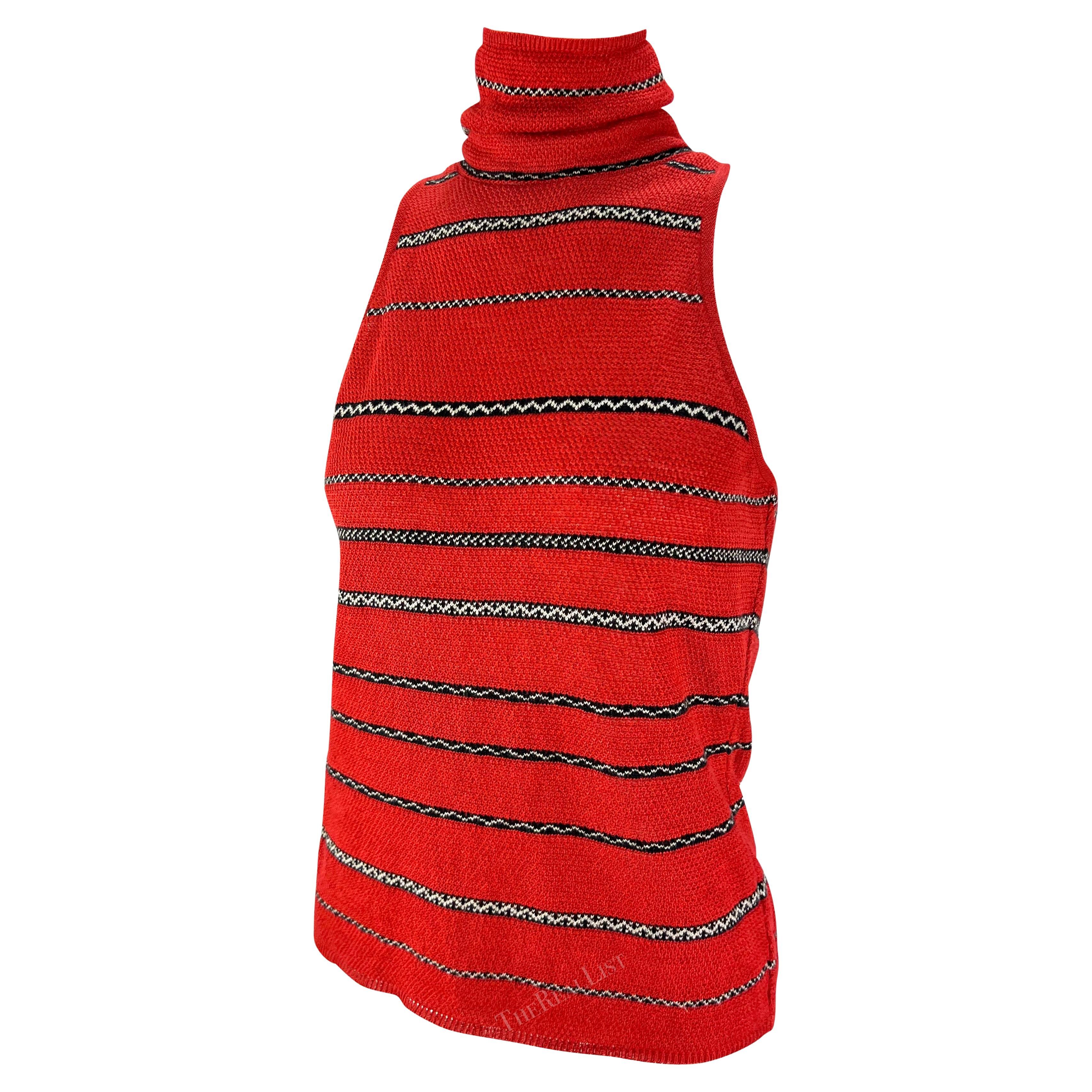 Women's S/S 1997 Ralph Lauren Runway Ad Stretch Knit Linen Red Stripe Mock Neck Top For Sale