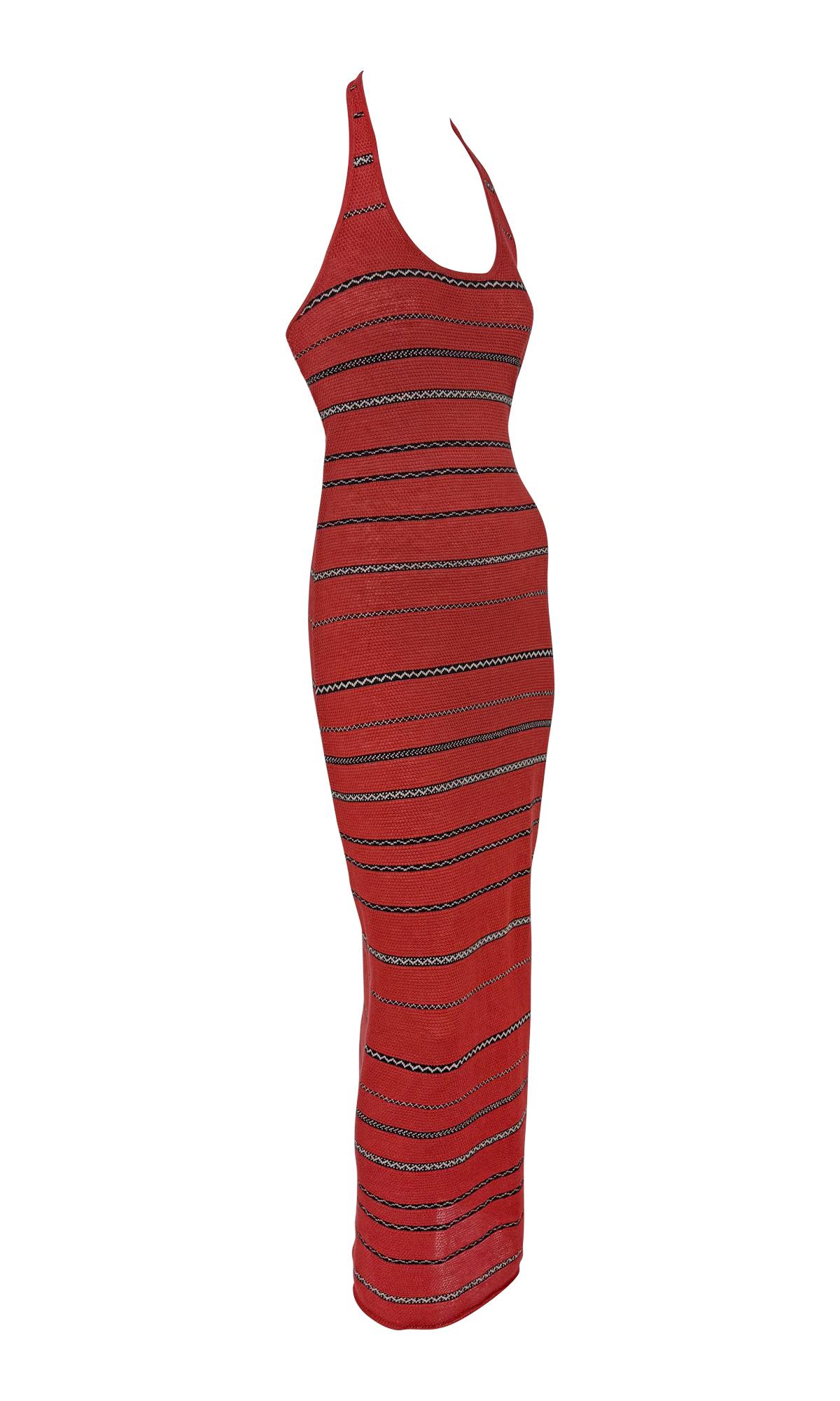Women's S/S 1997 Ralph Lauren Runway Red Knit Linen Striped Bodycon Halter Maxi Dress For Sale