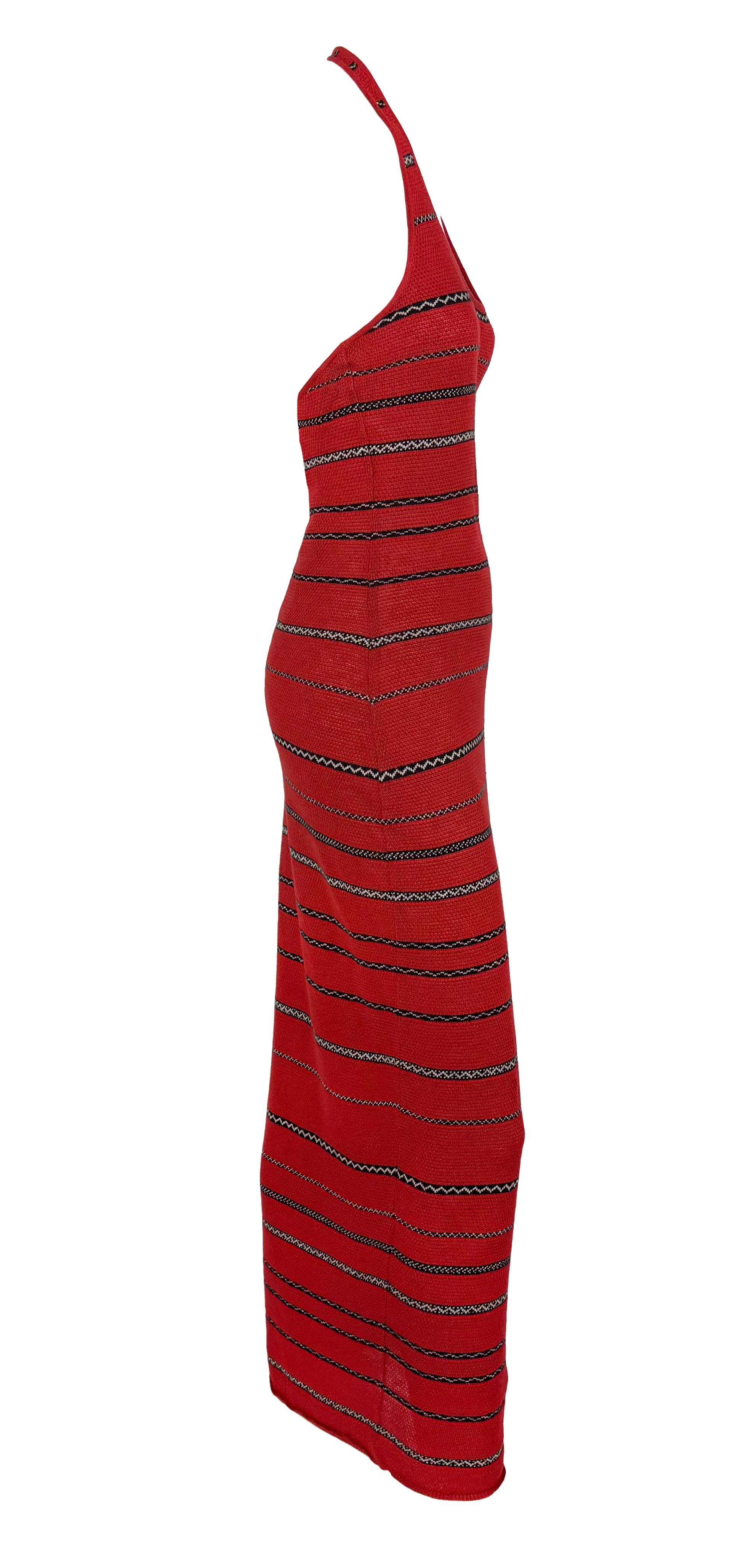 S/S 1997 Ralph Lauren Runway Red Knit Linen Striped Bodycon Halter Maxi Dress For Sale 2