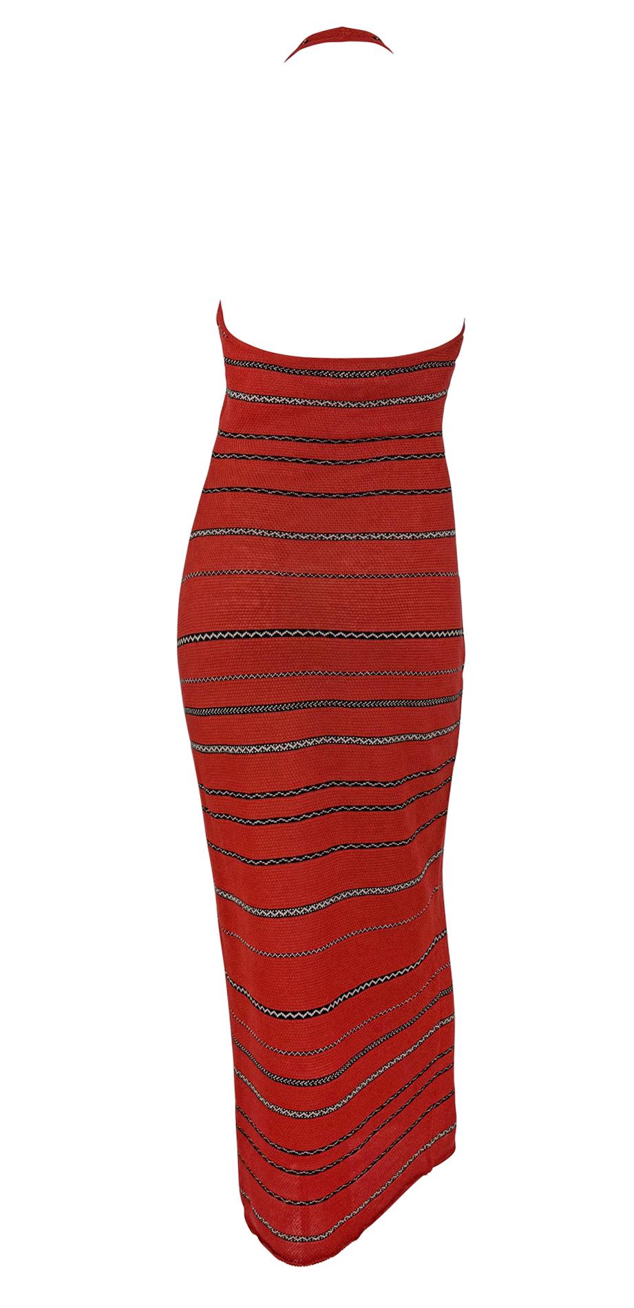 S/S 1997 Ralph Lauren Runway Red Knit Linen Striped Bodycon Halter Maxi Dress For Sale 3
