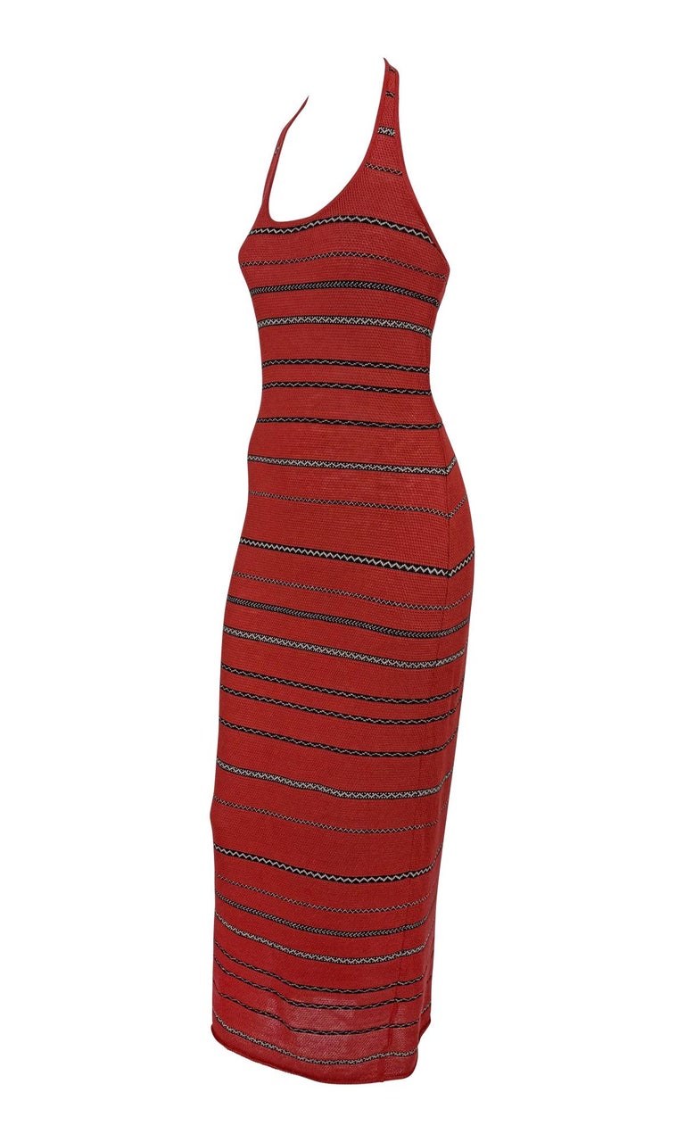 S/S 1997 Ralph Lauren Runway Red Knit Linen Striped Bodycon Halter Maxi  Dress For Sale at 1stDibs
