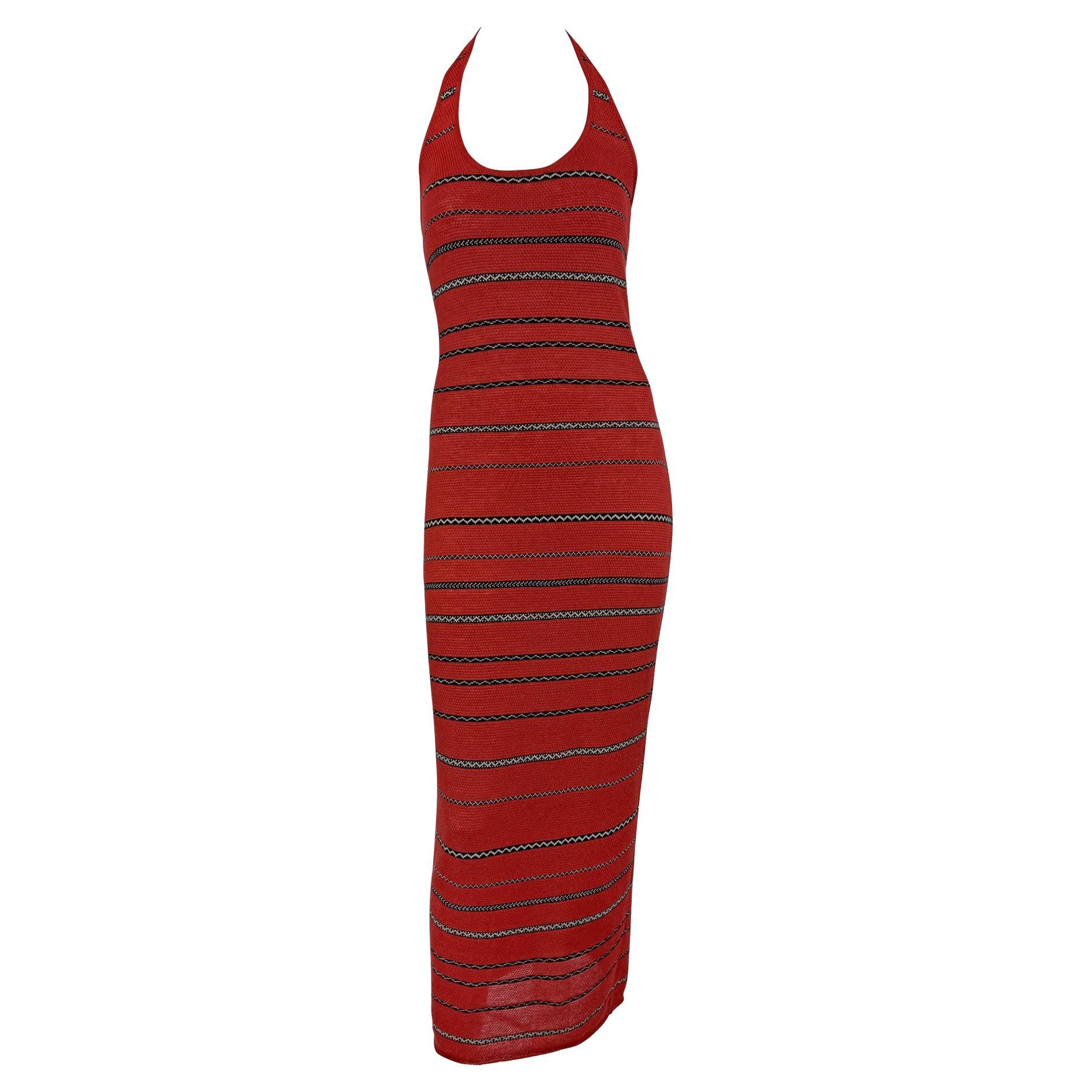 S/S 1997 Ralph Lauren Runway Red Knit Linen Striped Bodycon Halter Maxi Dress For Sale