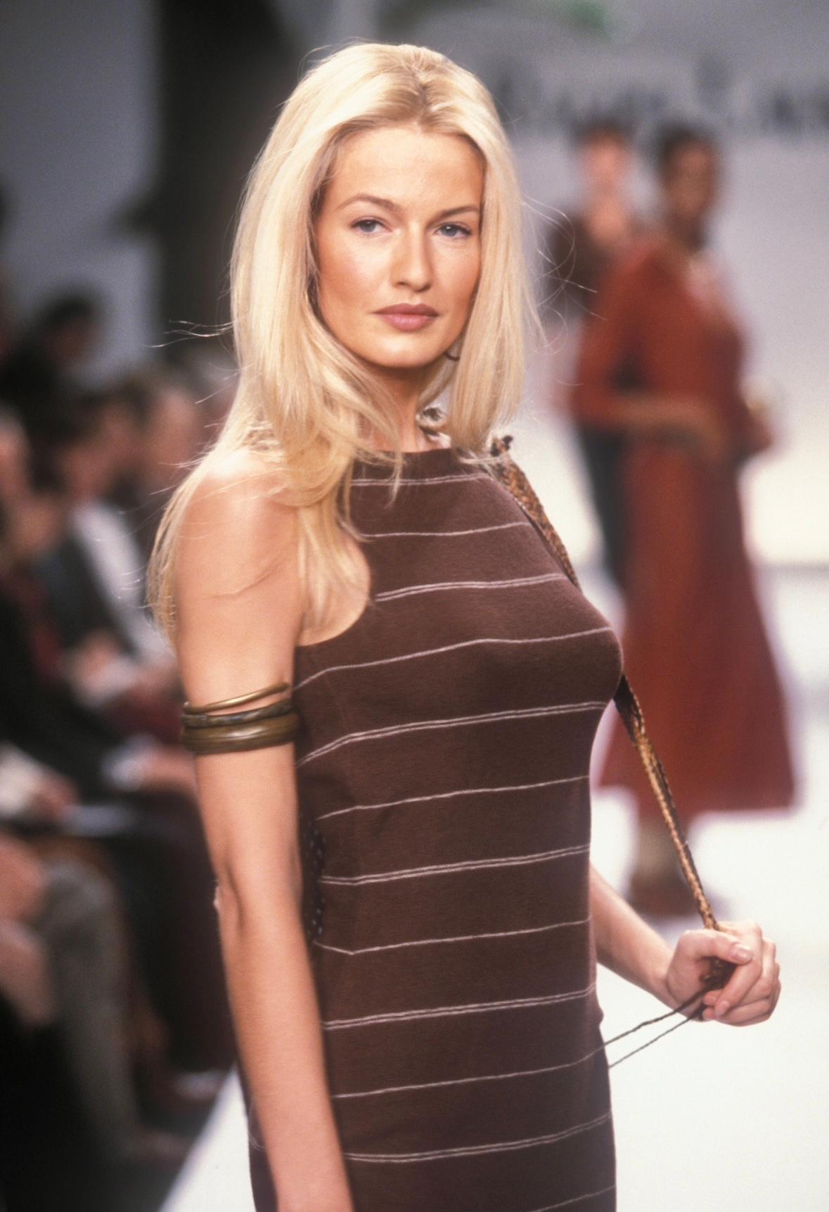 S/S 1997 Ralph Lauren Runway Stretch Knit Backless Brown Stripe Midi Dress In Excellent Condition For Sale In West Hollywood, CA