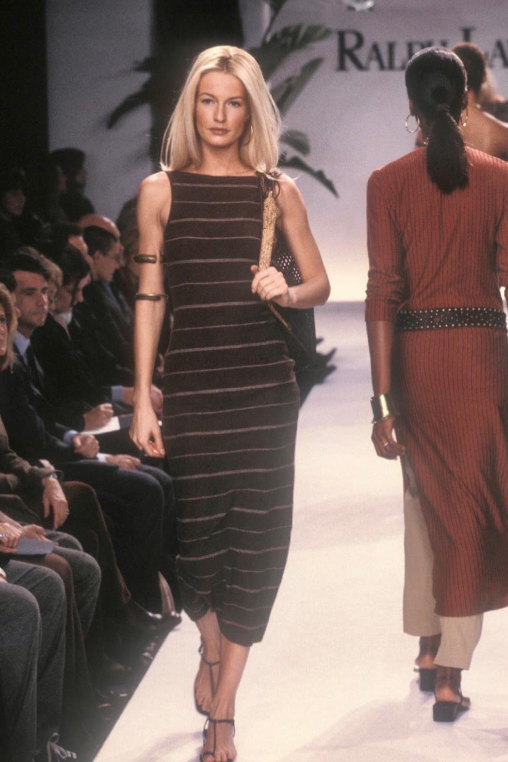 S/S 1997 Ralph Lauren Runway Stretch Knit Backless Brown Stripe Midi Dress For Sale 1