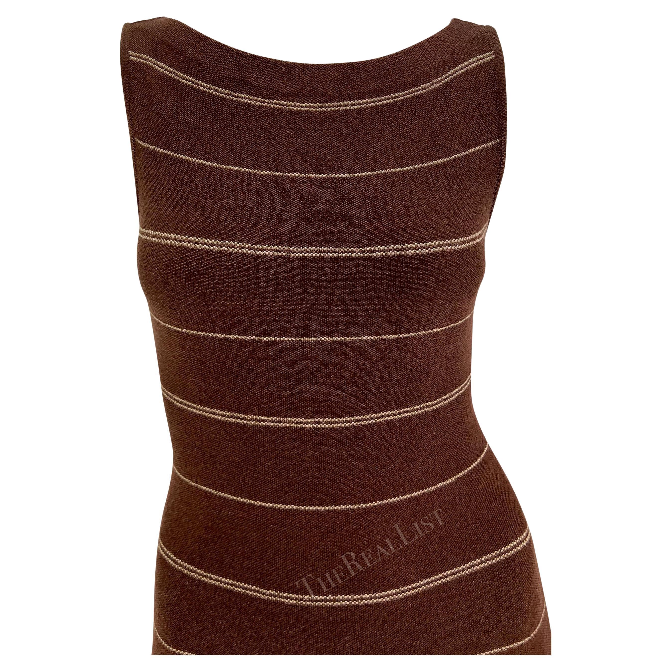 S/S 1997 Ralph Brown Runway Stretch Knit Backless Brown Stripe Midi Dress en vente 1