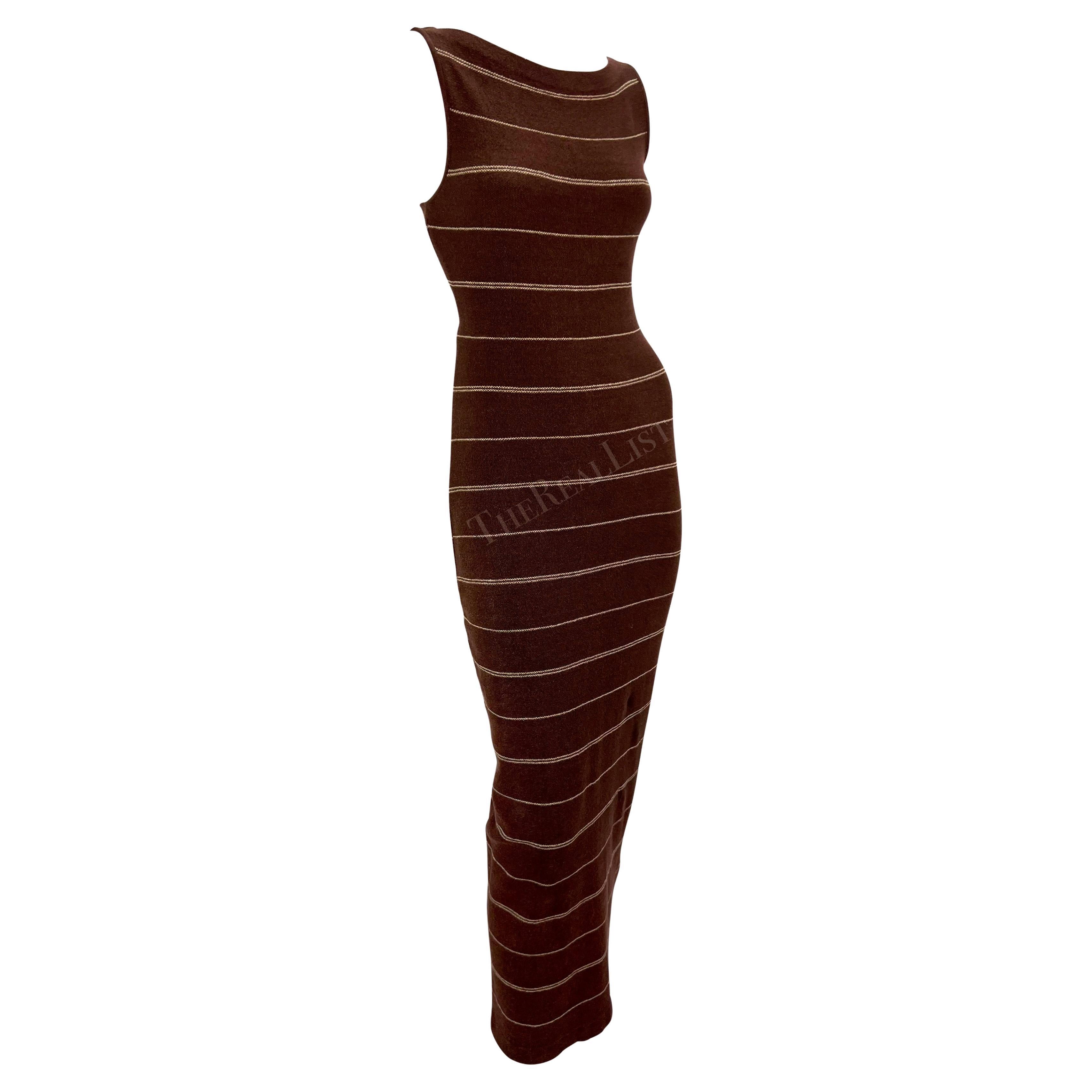 S/S 1997 Ralph Lauren Runway Stretch Knit Backless Brown Stripe Midi Dress For Sale 1