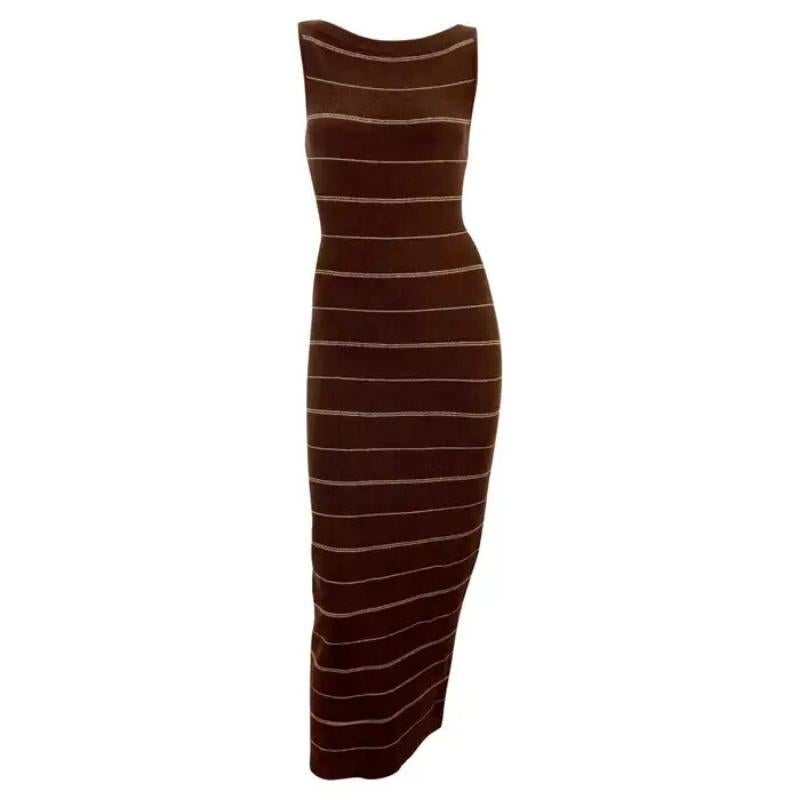 S/S 1997 Ralph Lauren Laufsteg Stretch Strick Rückenfrei Brown Streifen Midikleid