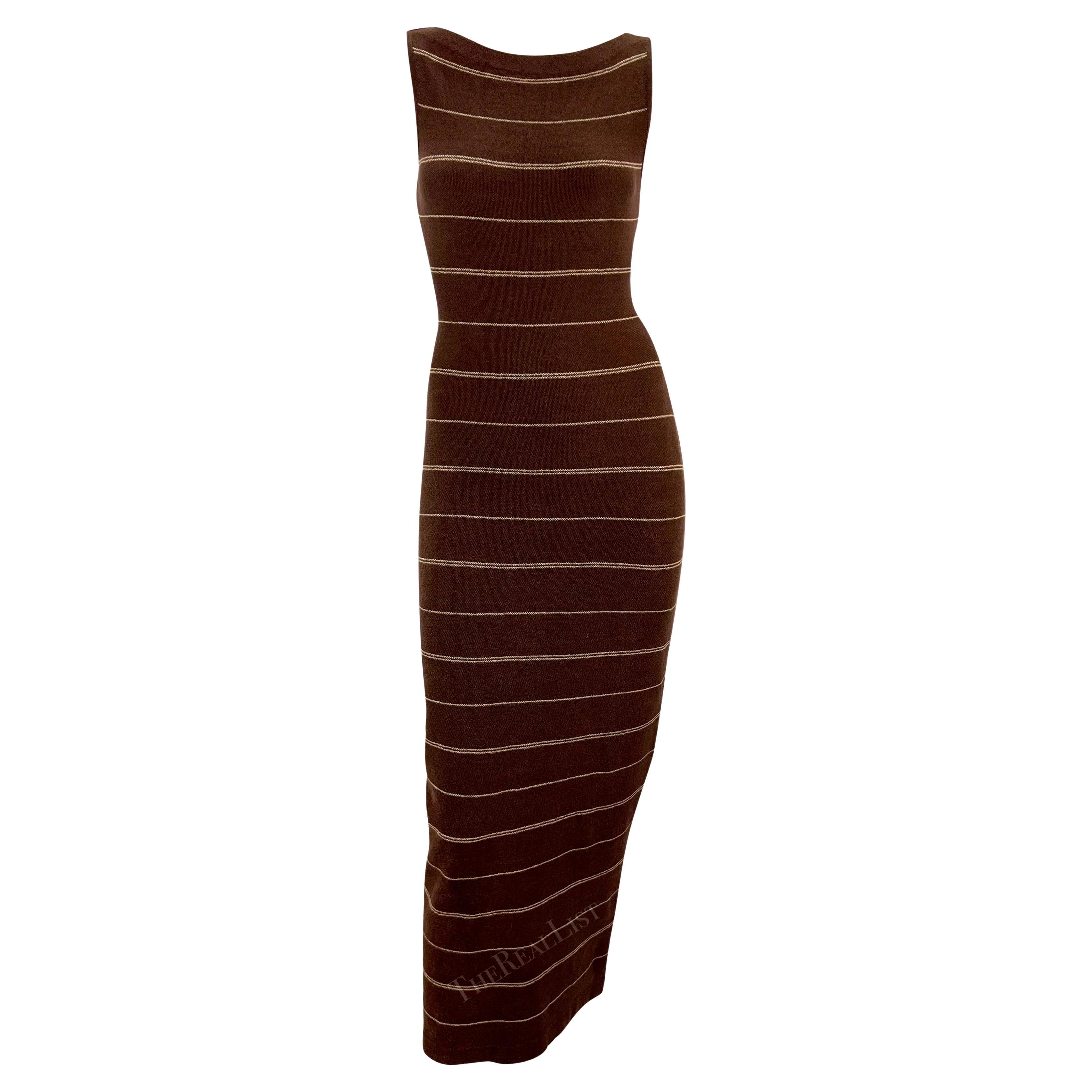 S/S 1997 Ralph Lauren Runway Stretch Knit Backless Brown Stripe Midi Dress For Sale