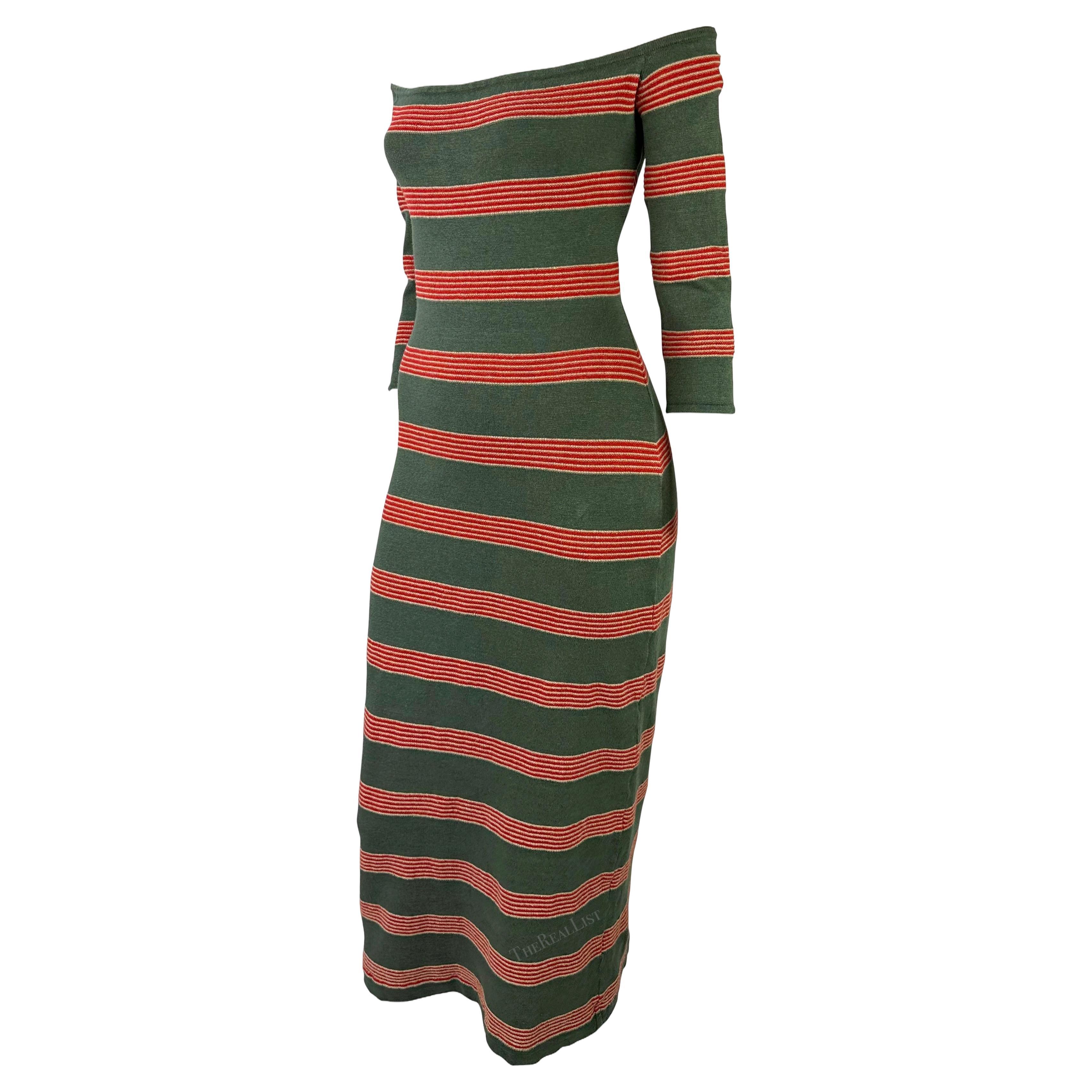 S/S 1997 Ralph Lauren Runway Stretch Linen Bodycon Stripe Off Shoulder Dress For Sale 3