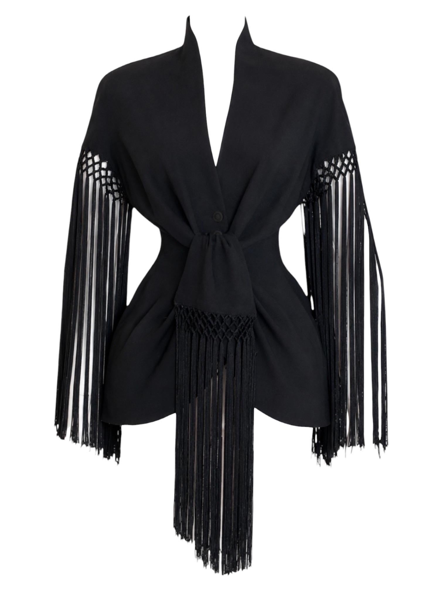 S/S 1997 Thierry Mugler „Les Insectes“ – Schwarze Laufstegjacke mit Fransen und Quasten im Angebot