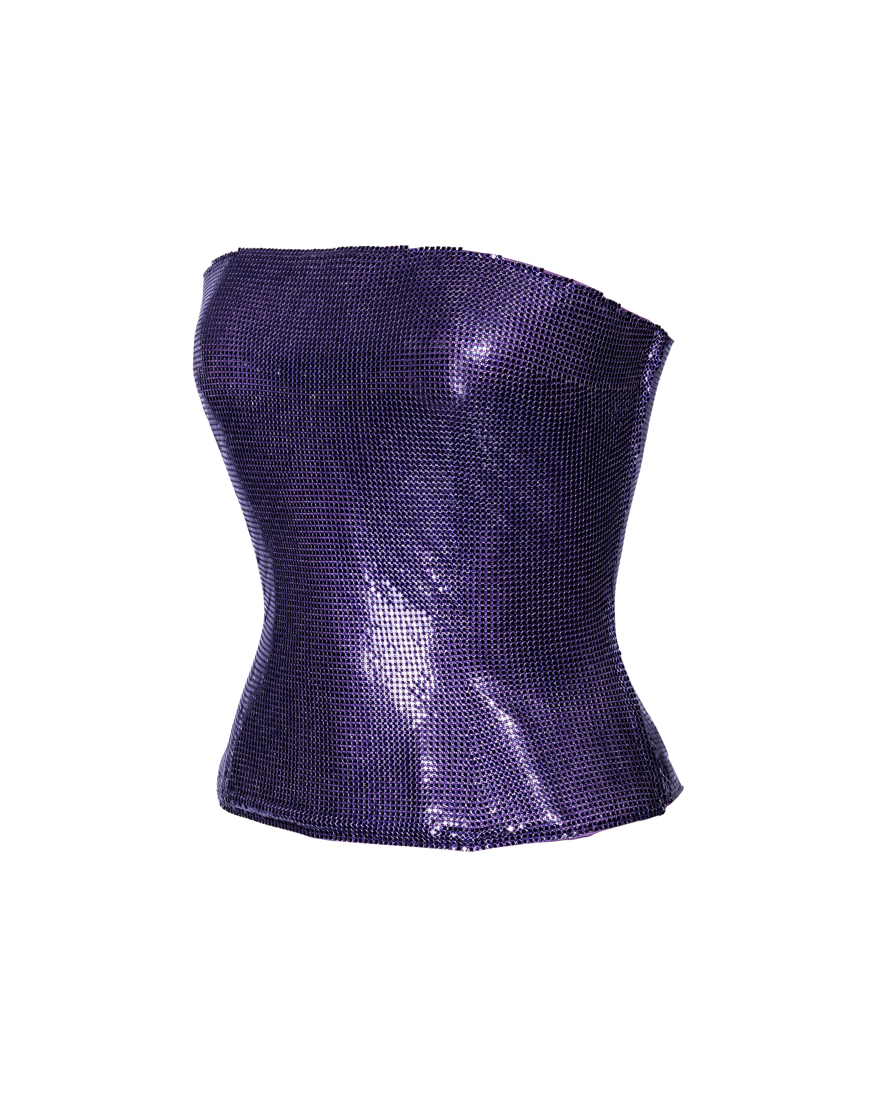 S/S 1998 Atelier Versace Haute Couture Purple Strapless Oroton Chainmail Top In Excellent Condition For Sale In North Hollywood, CA