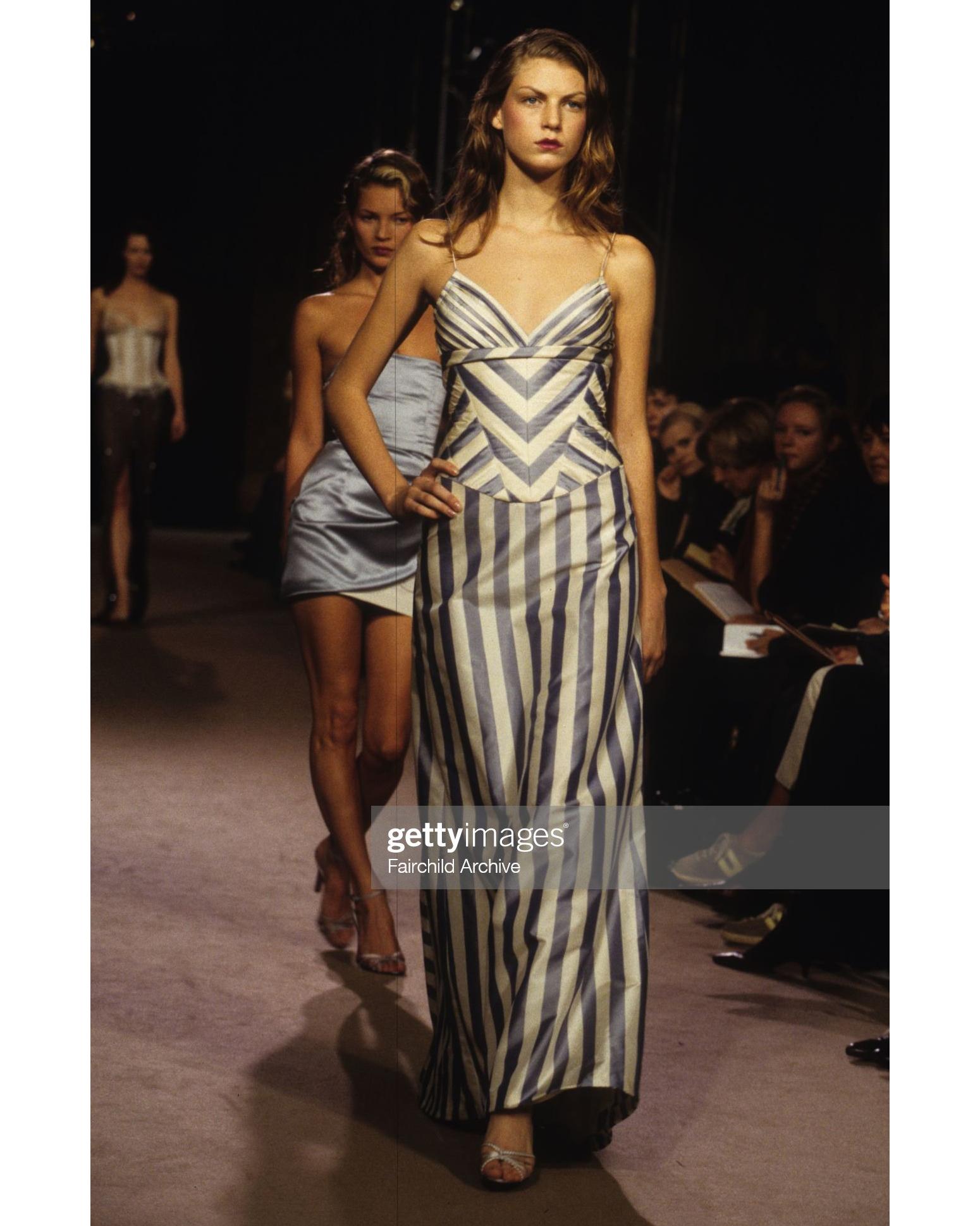S/S 1998 Chloé by Stella McCartney striped silk taffeta corset gown. Sleeveless blue and cream striped dress with pleated bust and fitted lace-back corset bodice. 100% Silk with 100% Acetate lining. As seen on the runway. From Stella McCartney's
