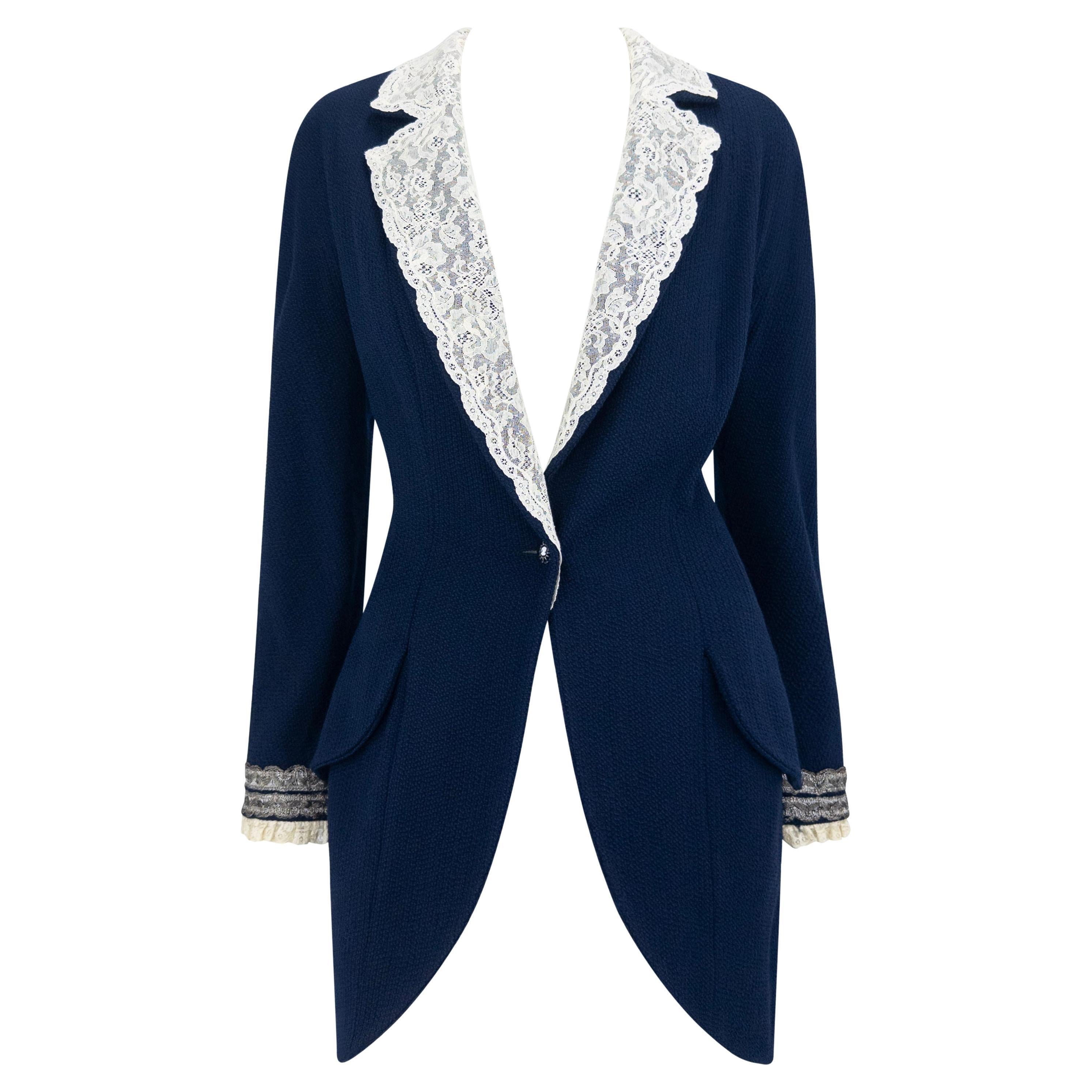 S/S 1998 Christian Dior by John Galliano Runway Lace Trim Navy Tweed Long Jacket im Angebot