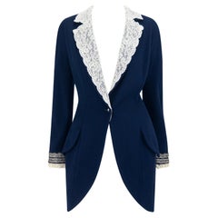 S/S 1998 Christian Dior by John Galliano Runway Lace Trim Navy Tweed Long Jacket