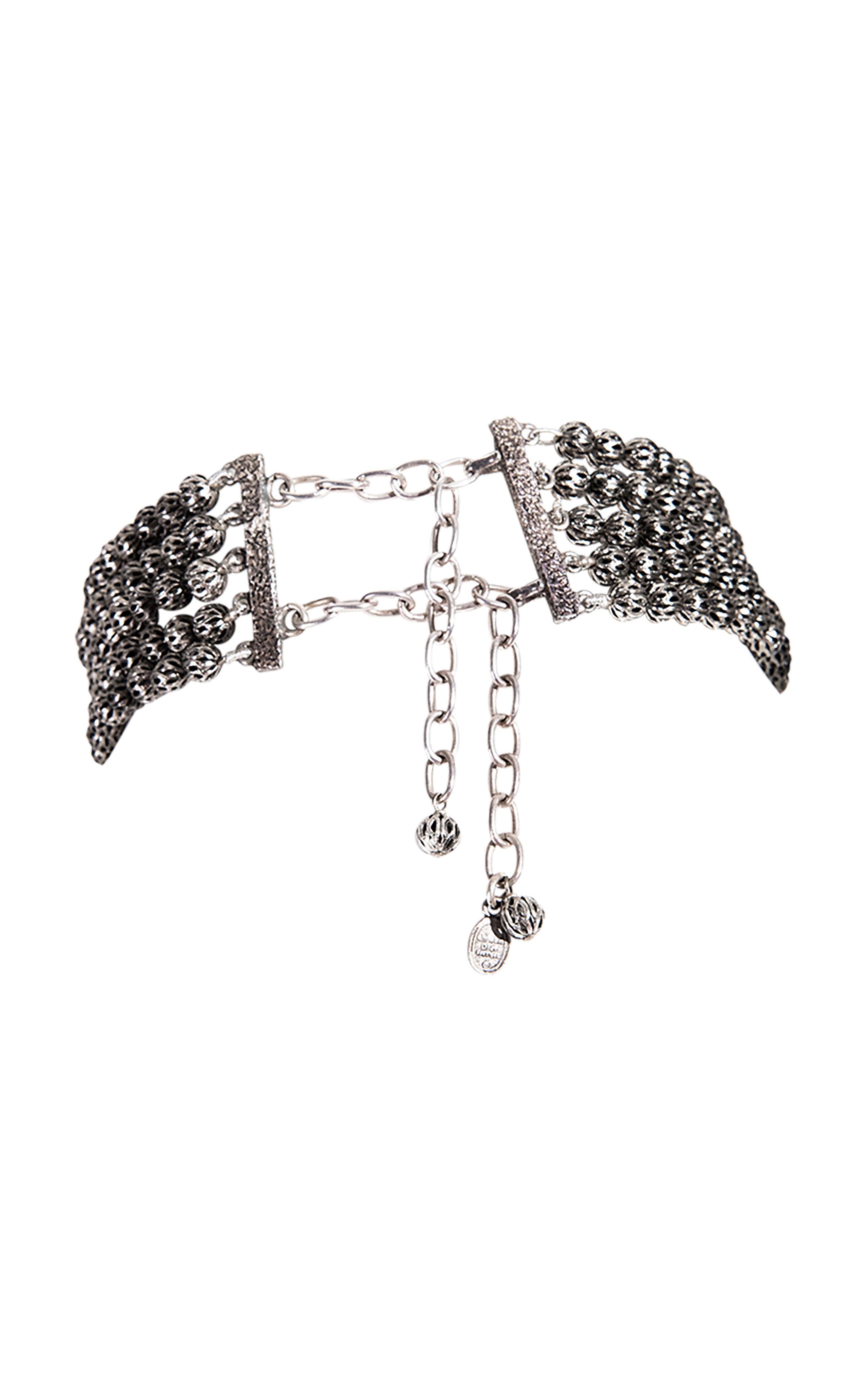 S/S 1998 Christian Dior by Galliano silver cameo choker necklace. 5 strands of large silver beading connect to two extra large ornate floral cameos - a style of necklace widely popularized in the early 20th century. Similar versions seen in the S/S