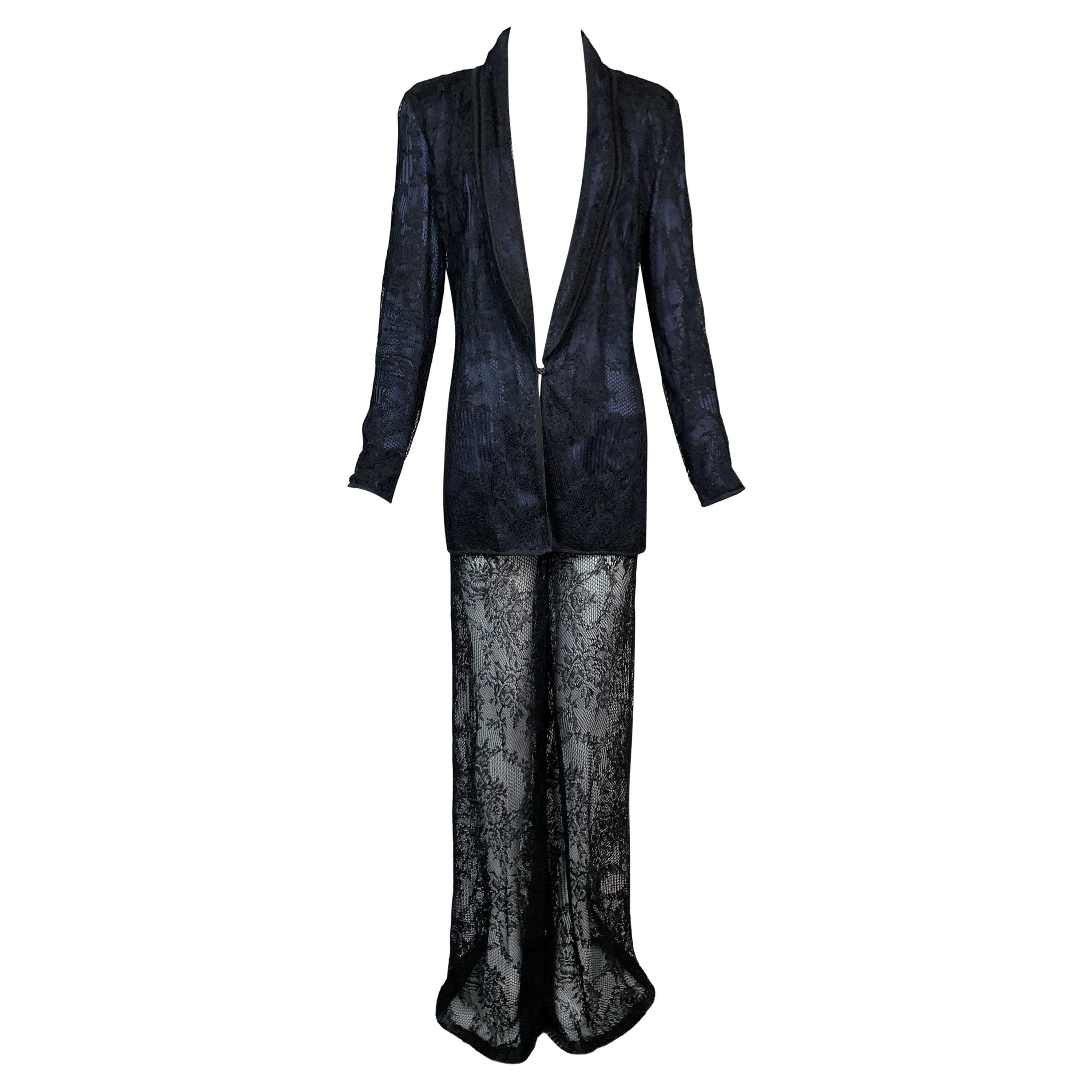S/S 1998 Christian Dior John Galliano Sheer Black Lace Wide Leg Pant Suit