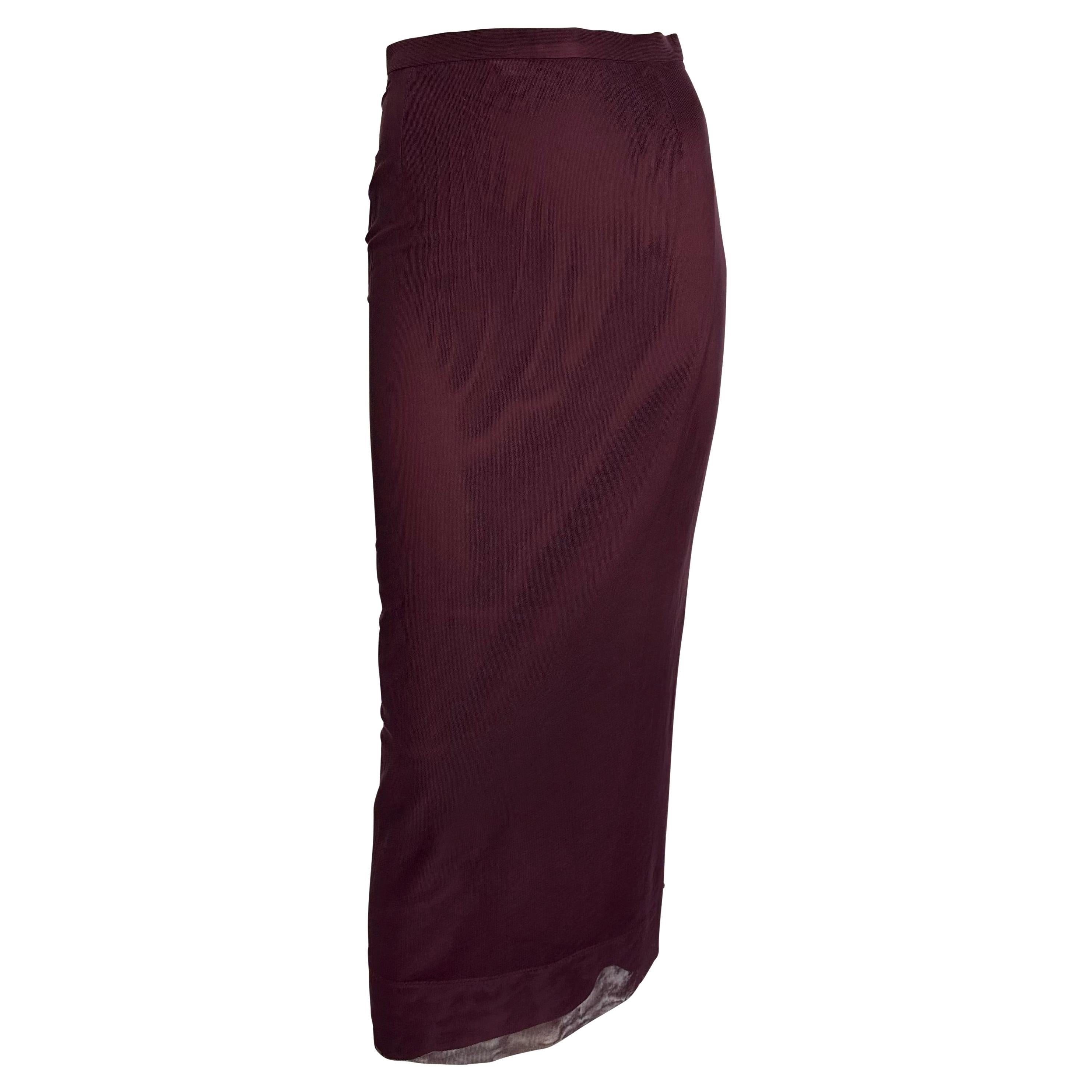 S/S 1998 Dolce & Gabbana Burgundy Bodycon Sheer Mesh Overlay Maxi Skirt For Sale