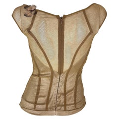 S 1998 Dolce & Gabbana Top en tulle beige argenté avec appliques papillon Stromboli