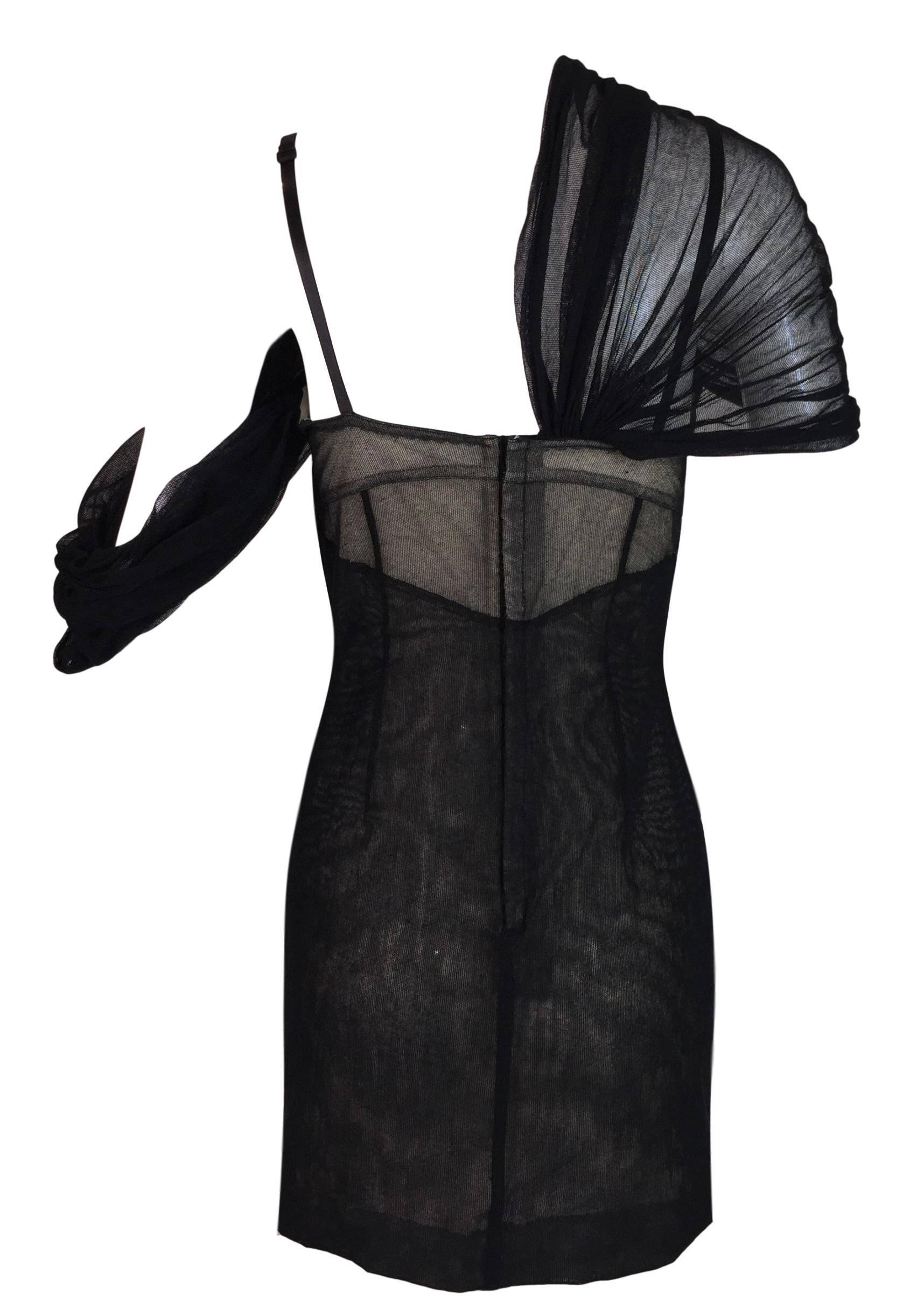 Black S/S 1998 Dolce & Gabbana Runway Ad Sheer Mesh Madonna Veil Charm Mini Dress