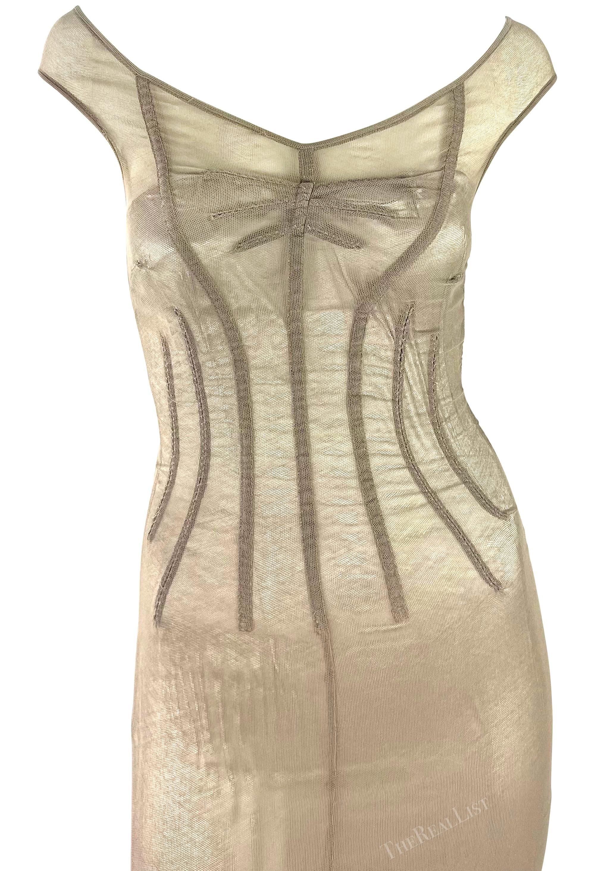 S/S 1998 Dolce & Gabbana 'Stromboli' Taupe Mesh Silver Bodycon Boned Gown  In Excellent Condition For Sale In West Hollywood, CA