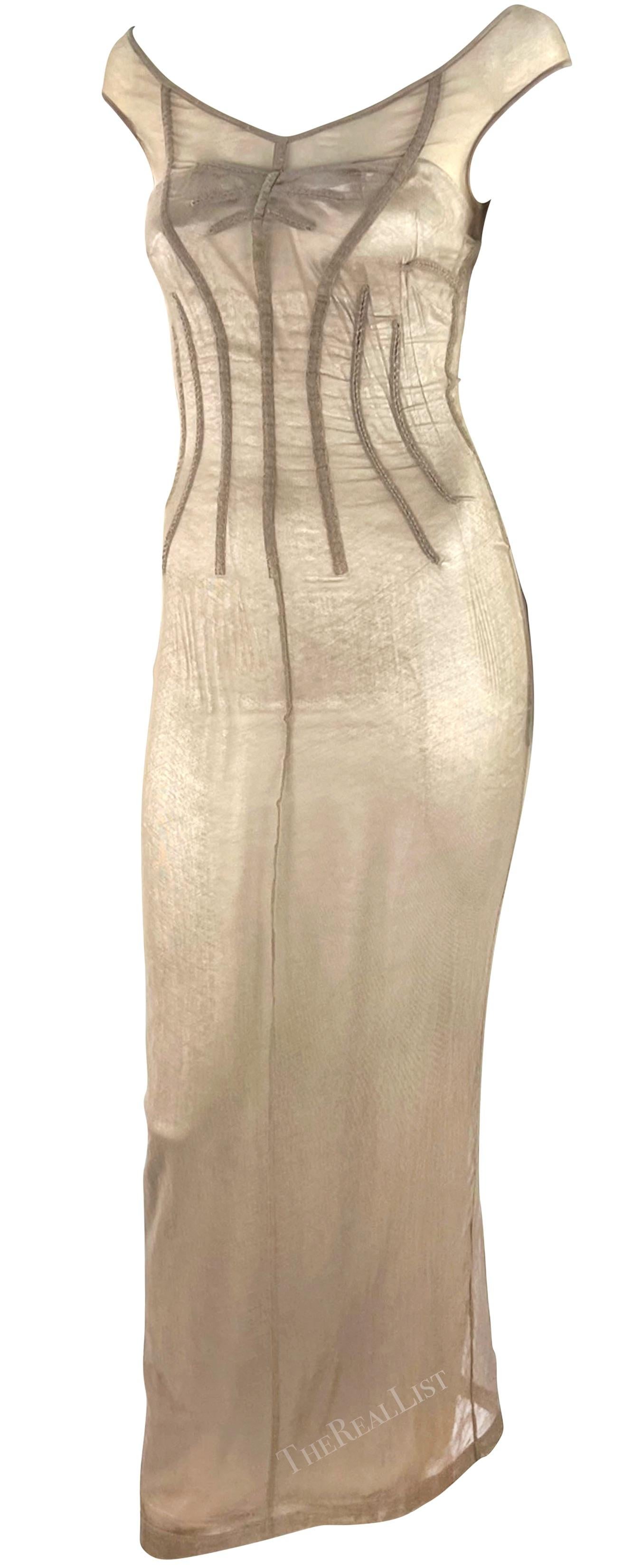 Women's S/S 1998 Dolce & Gabbana 'Stromboli' Taupe Mesh Silver Bodycon Boned Gown  For Sale