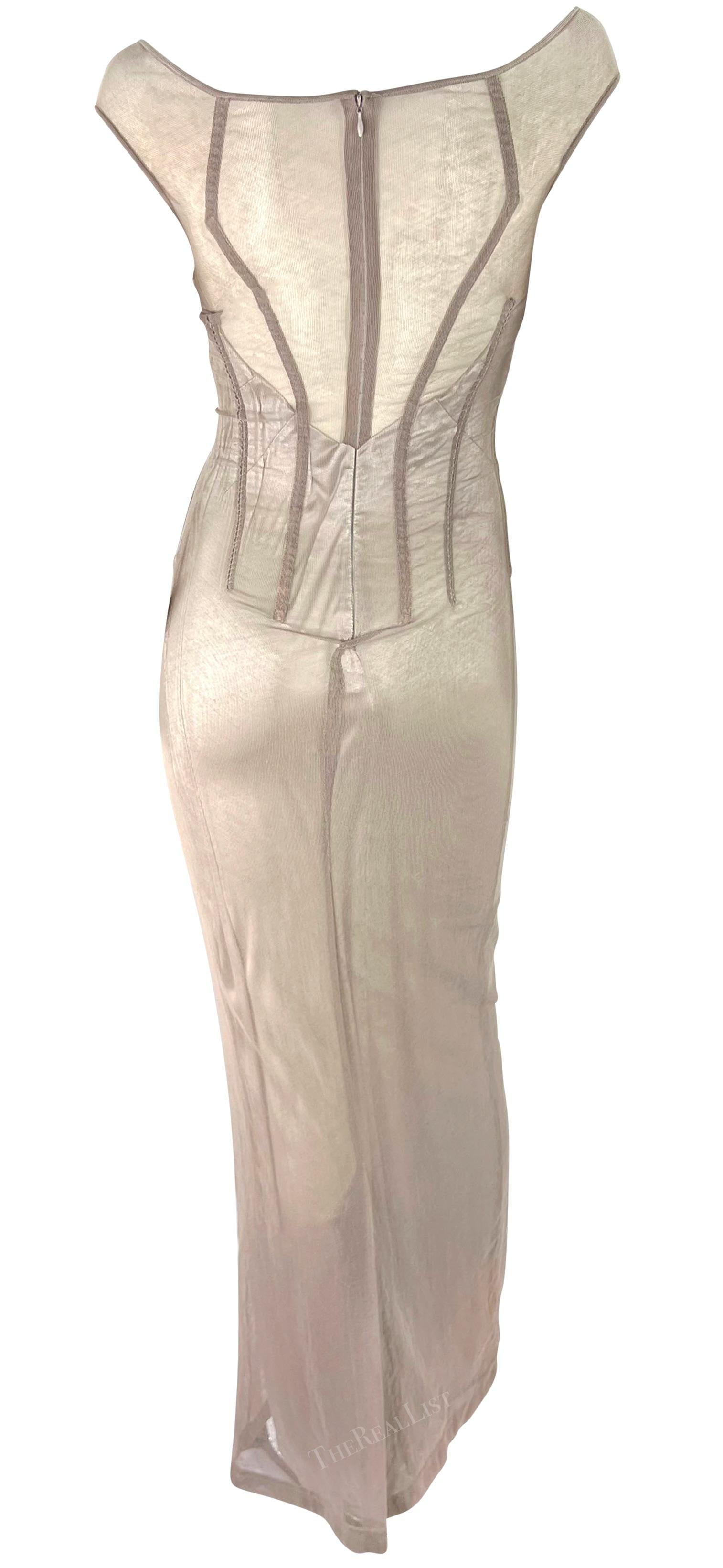 S/S 1998 Dolce & Gabbana 'Stromboli' Taupe Mesh Silver Bodycon Boned Gown  For Sale 1