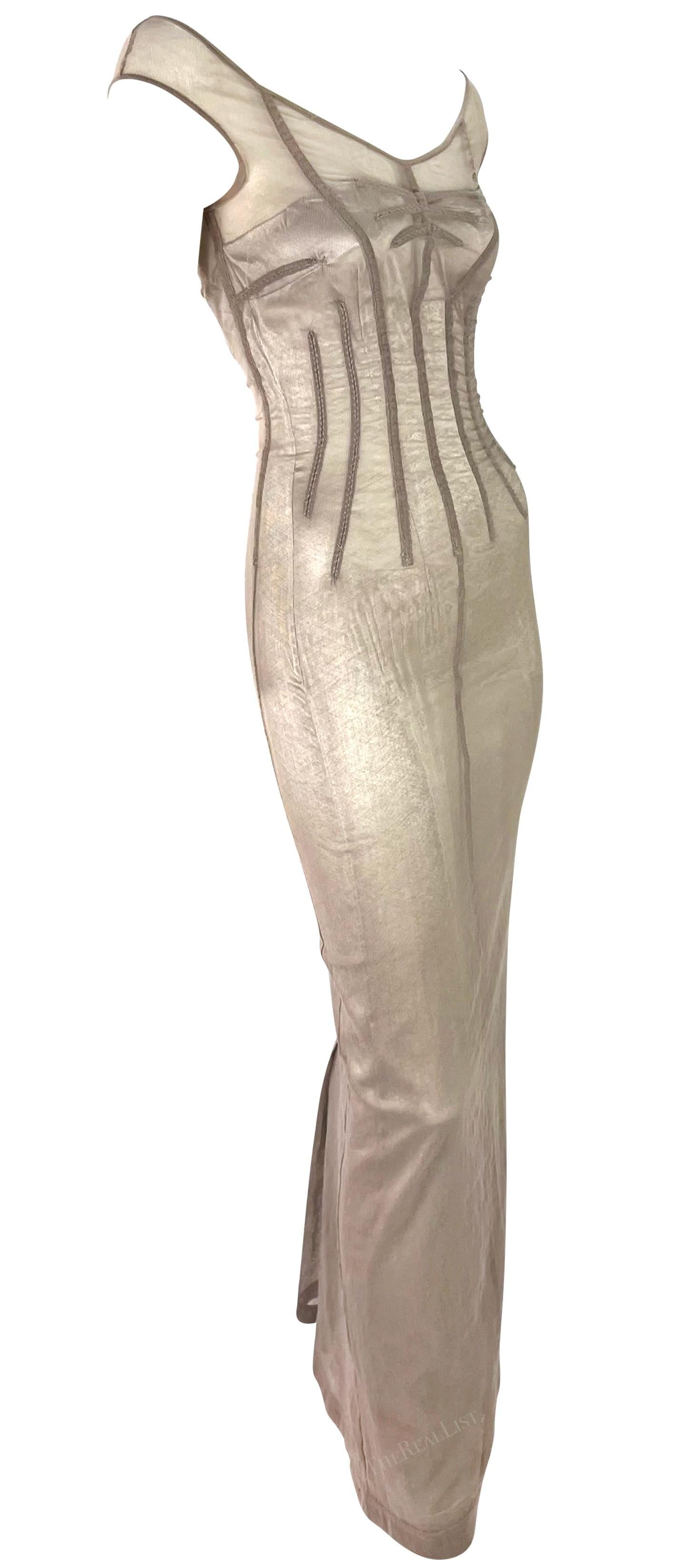S/S 1998 Dolce & Gabbana 'Stromboli' Taupe Mesh Silver Bodycon Boned Gown  For Sale 2
