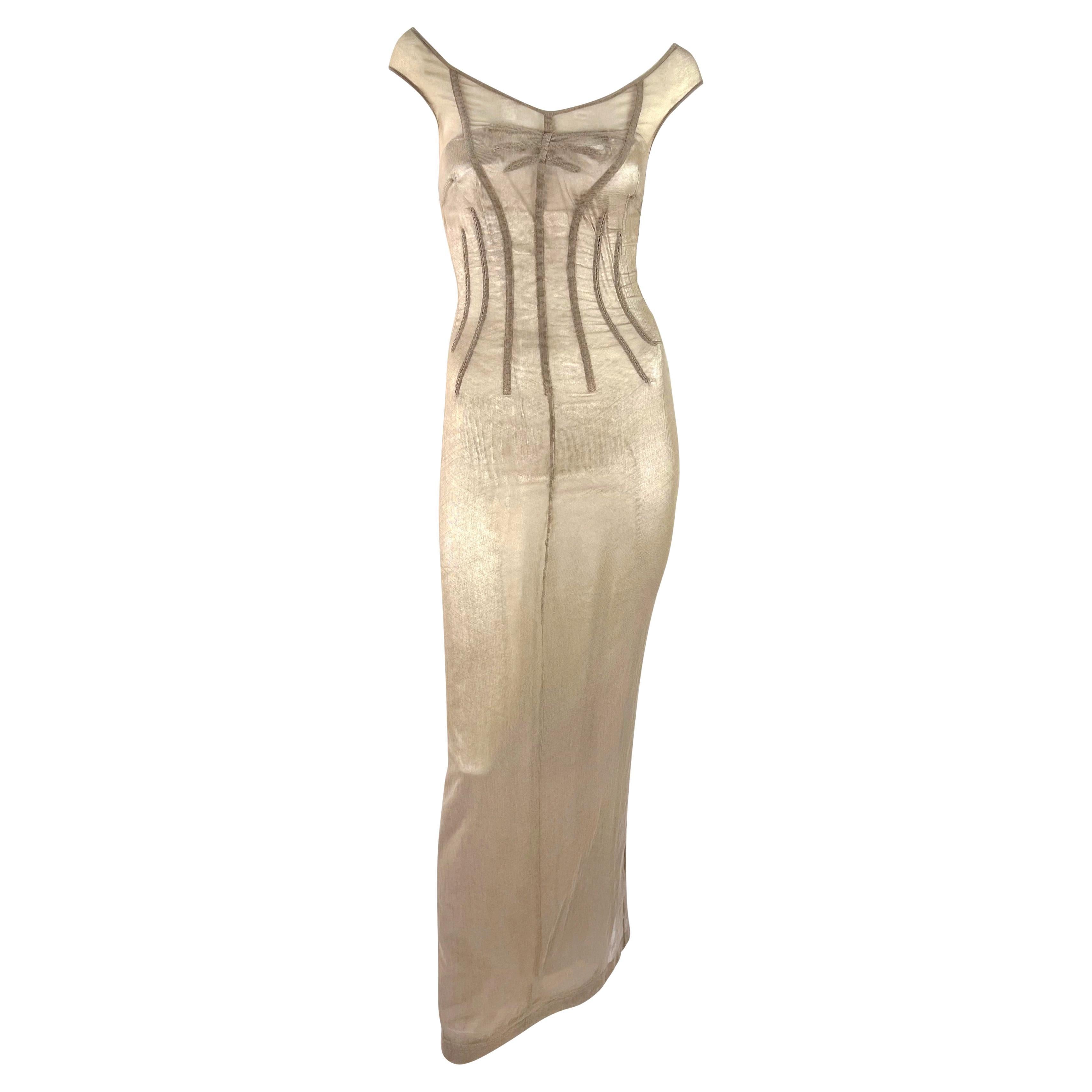 S/S 1998 Dolce & Gabbana 'Stromboli' Taupe Mesh Silver Bodycon Boned Gown  For Sale